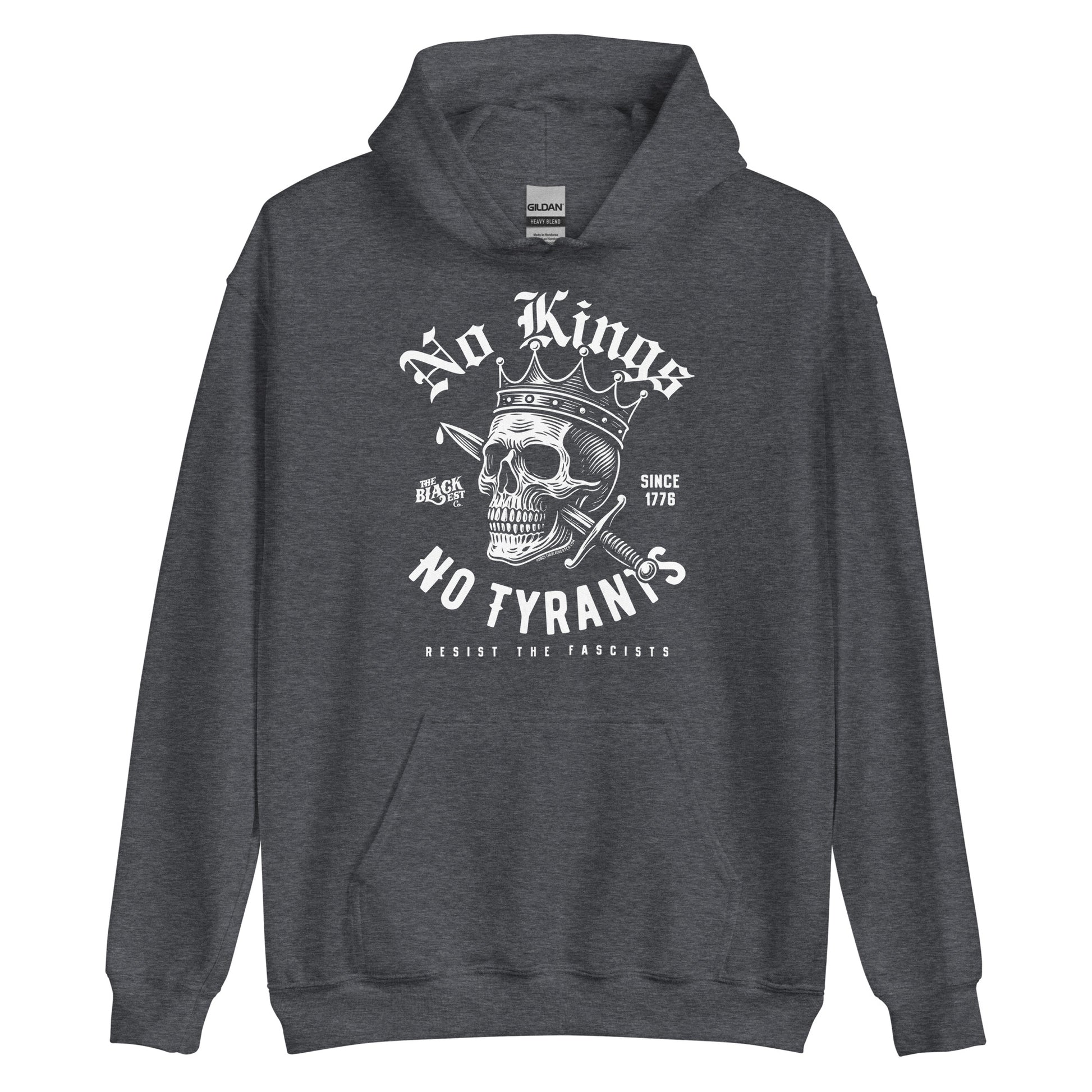 Dark gray No Kings No Tyrants Skull Protest Hoodie by TheBlackest Co., featuring bold protest skull design and cultural empowerment message.