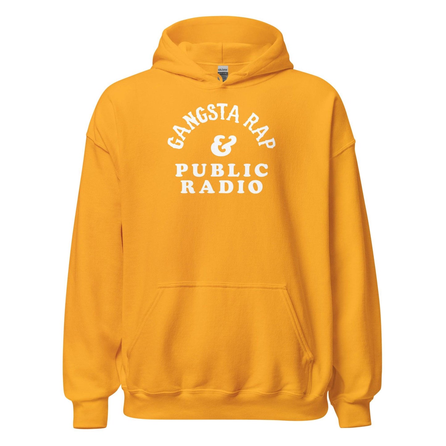 Golden yellow Gangsta Rap And Public Radio Unisex Staple Hoodie with bold white text, vibrant and warm for streetwear lovers.
