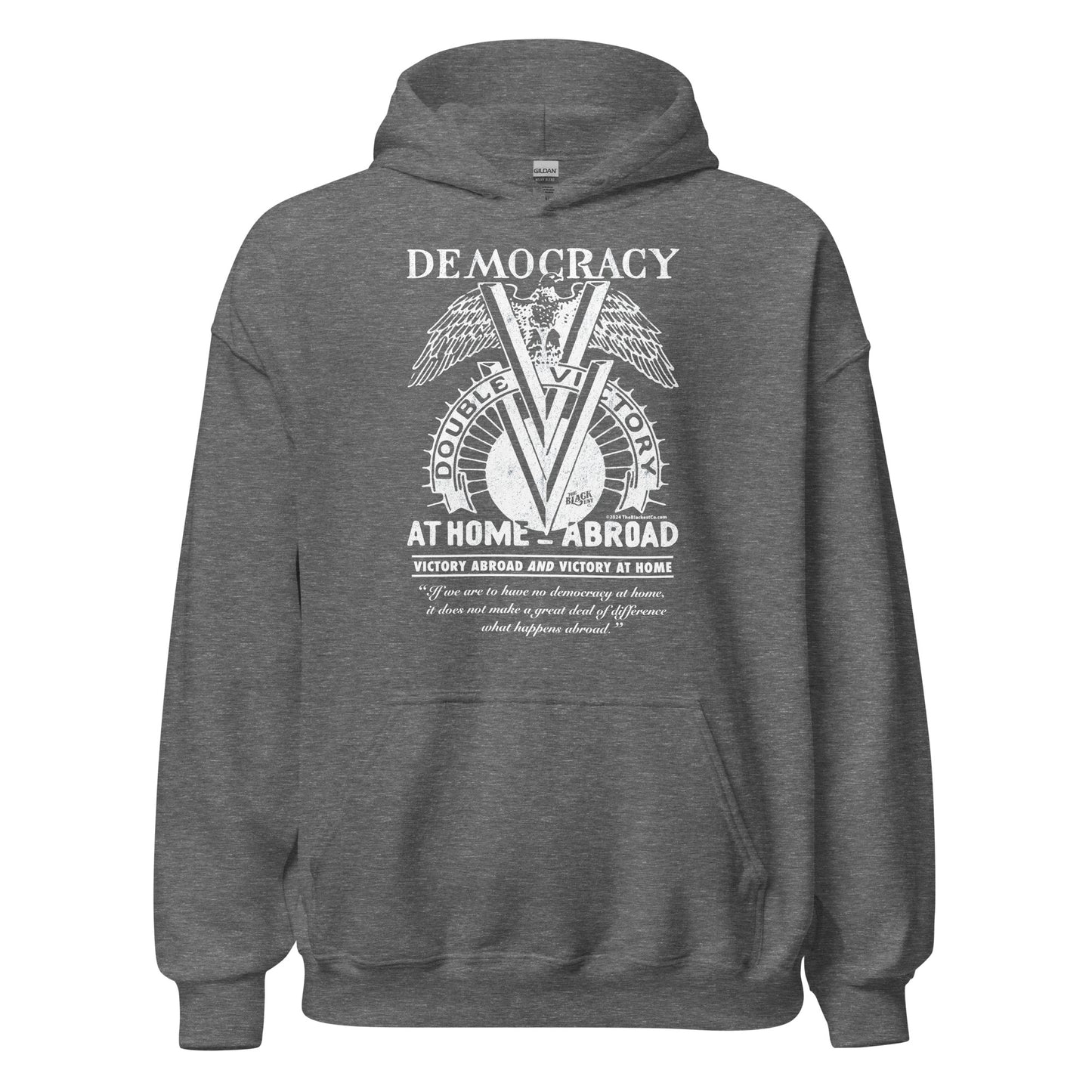 Heather gray Double V Campaign WWII Black Soldiers Hoodie featuring historic double victory emblem and civil rights message.