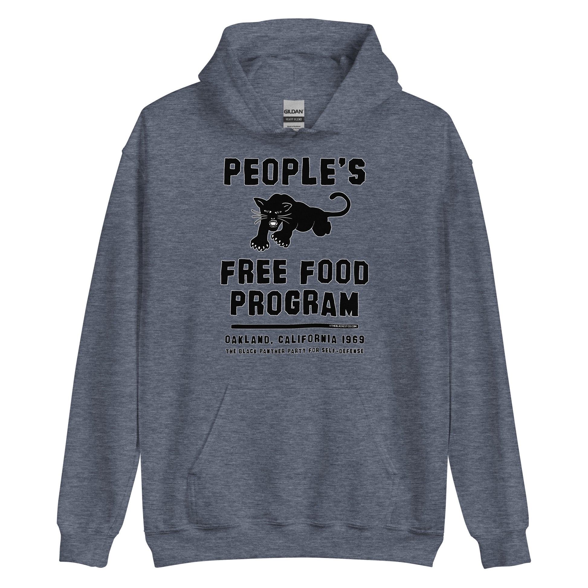 Heather blue Black On Black BPP Free Food Program Staple Hoodie with front print celebrating the Black Panther Party’s food justice program.