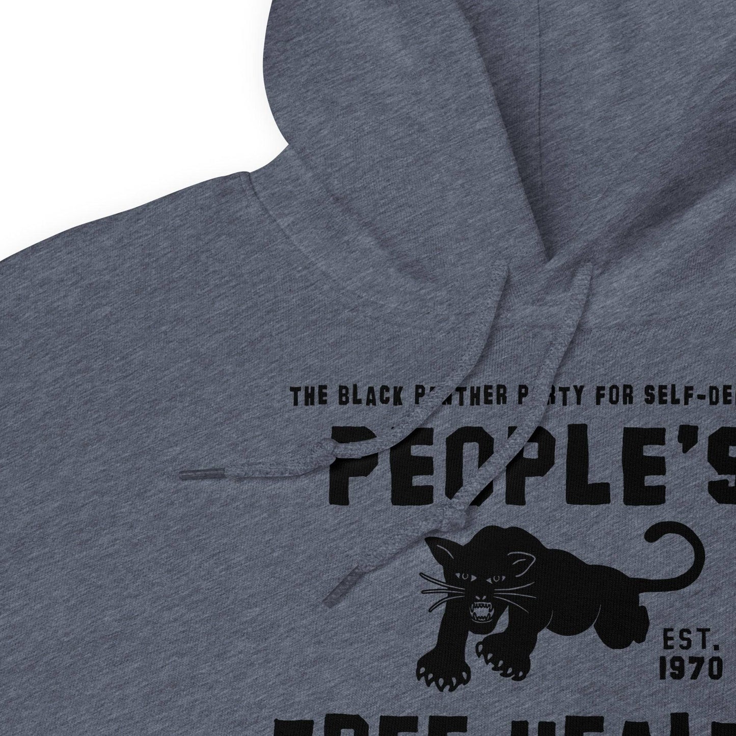 People's Free Health Clinic BPP Unisex Pullover Hoodie in gray featuring a bold black panther graphic and text honoring the Black Panther Party, established in 1970.