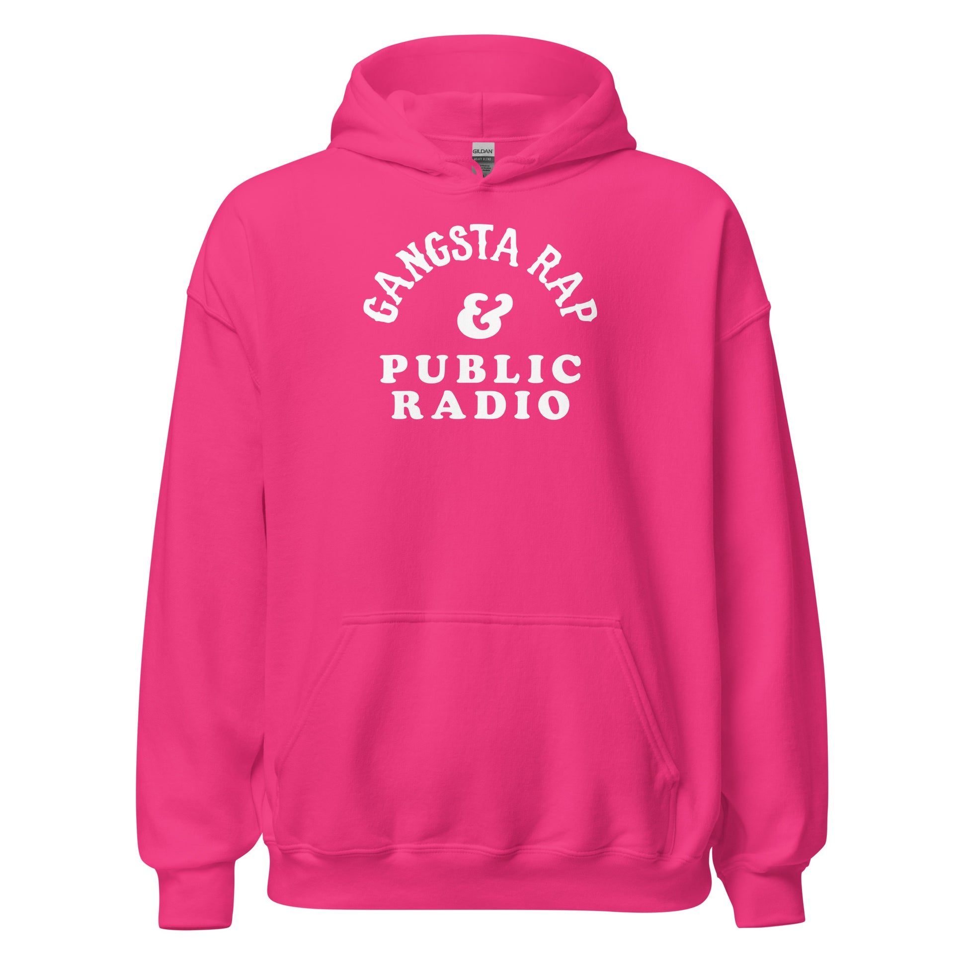 Hot pink Gangsta Rap And Public Radio Unisex Staple Hoodie with bold white print, blending hip hop culture and fun fashion.