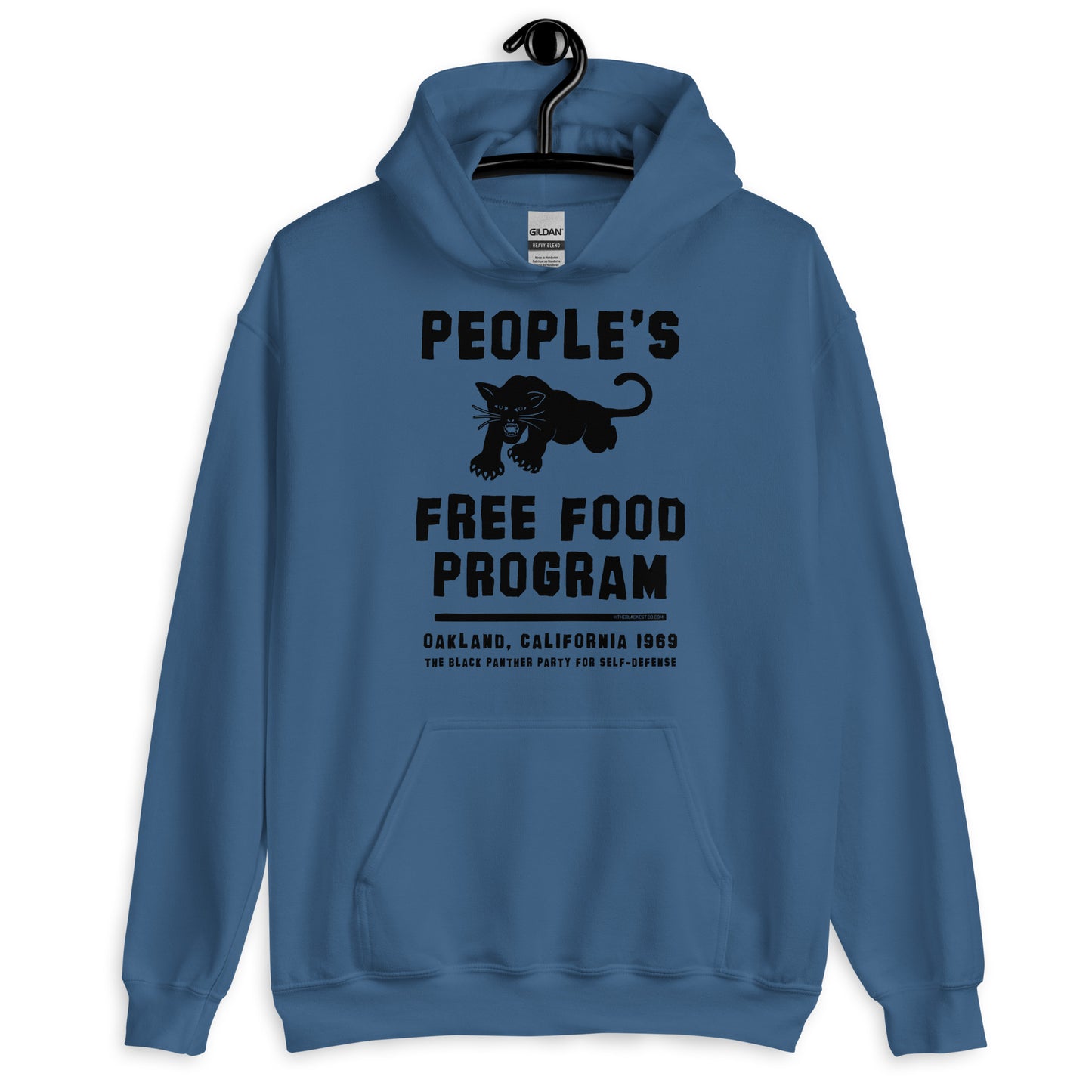 Blue People's Free Food Program hoodie on hanger.