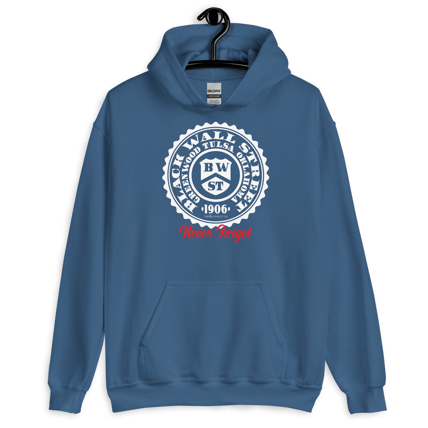 Blue Black Wall Street Seal Never Forget pullover hoodie with a striking historical emblem. Soft and smooth fabric for all-day comfort.