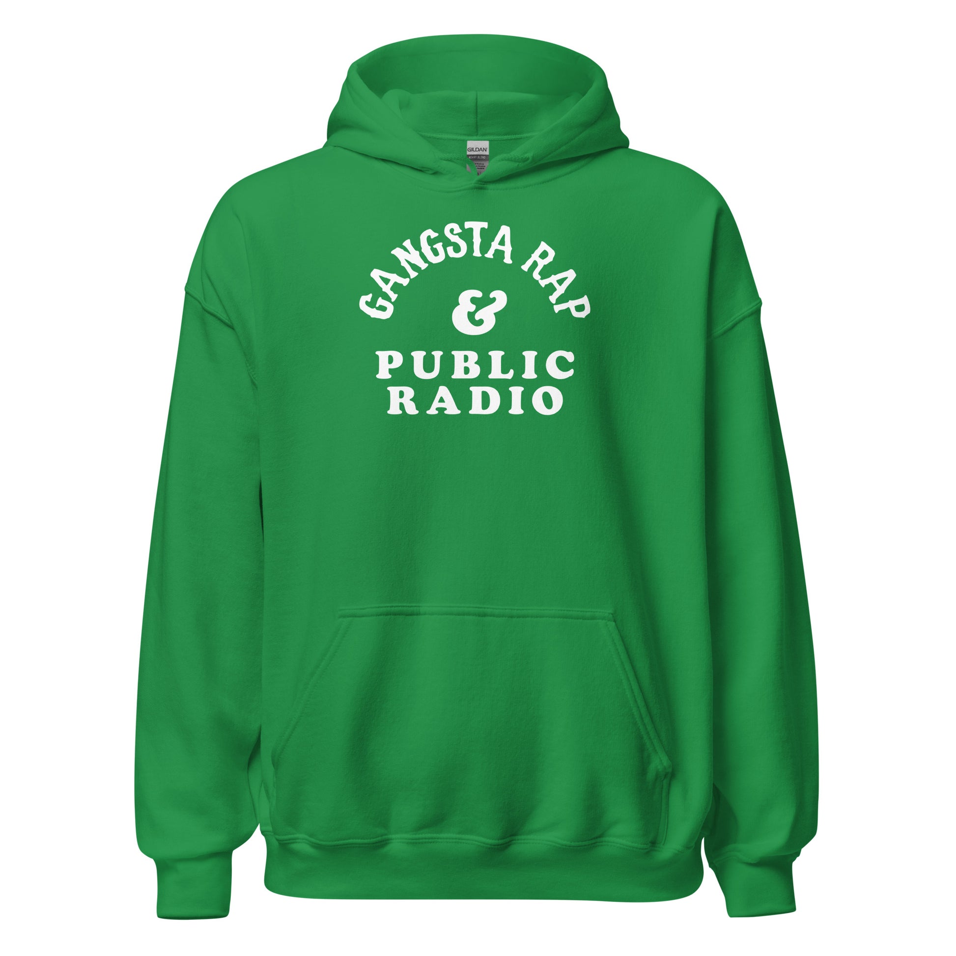 Green Gangsta Rap And Public Radio Unisex Staple Hoodie with white graphic, soft cotton blend ideal for casual and statement wear.