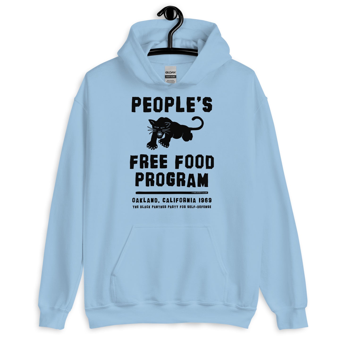 Light blue People's Free Food Program hoodie on hanger.