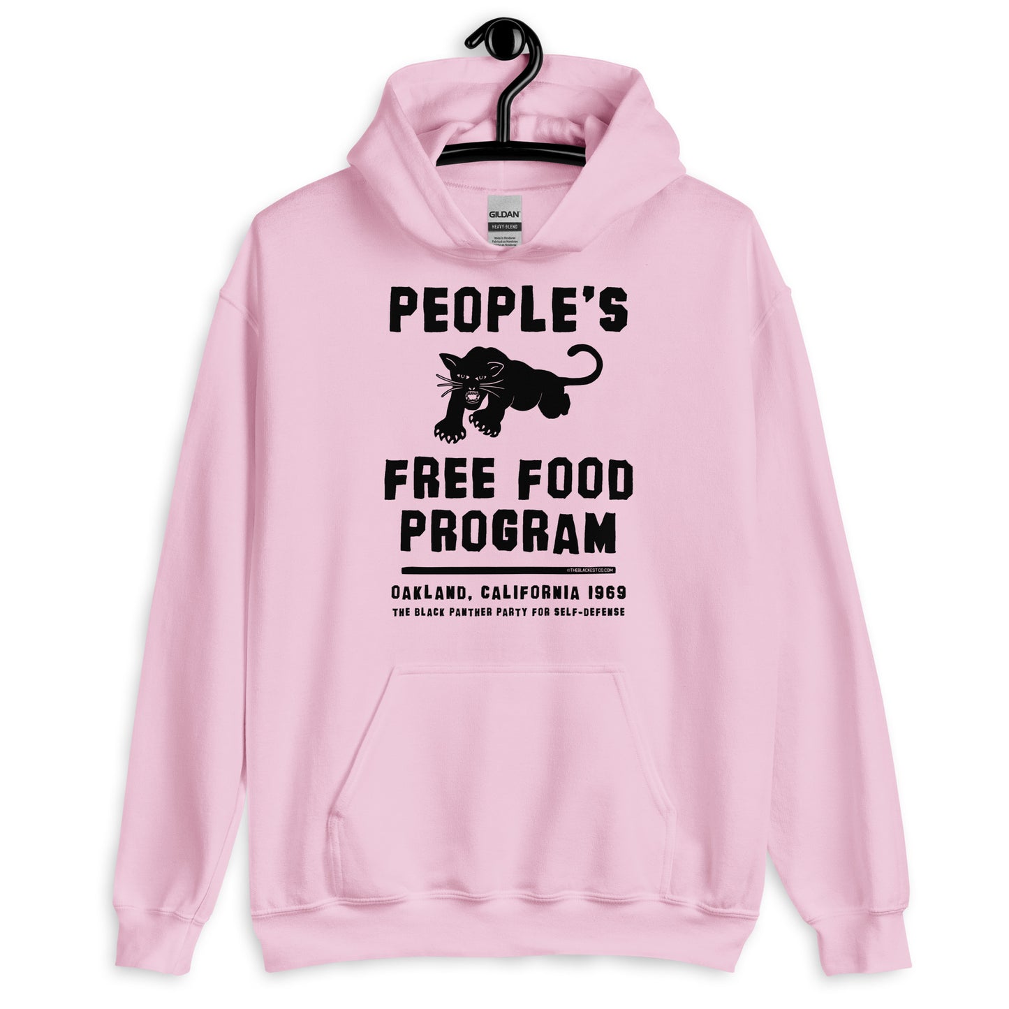 Pink People's Free Food Program hoodie on hanger.