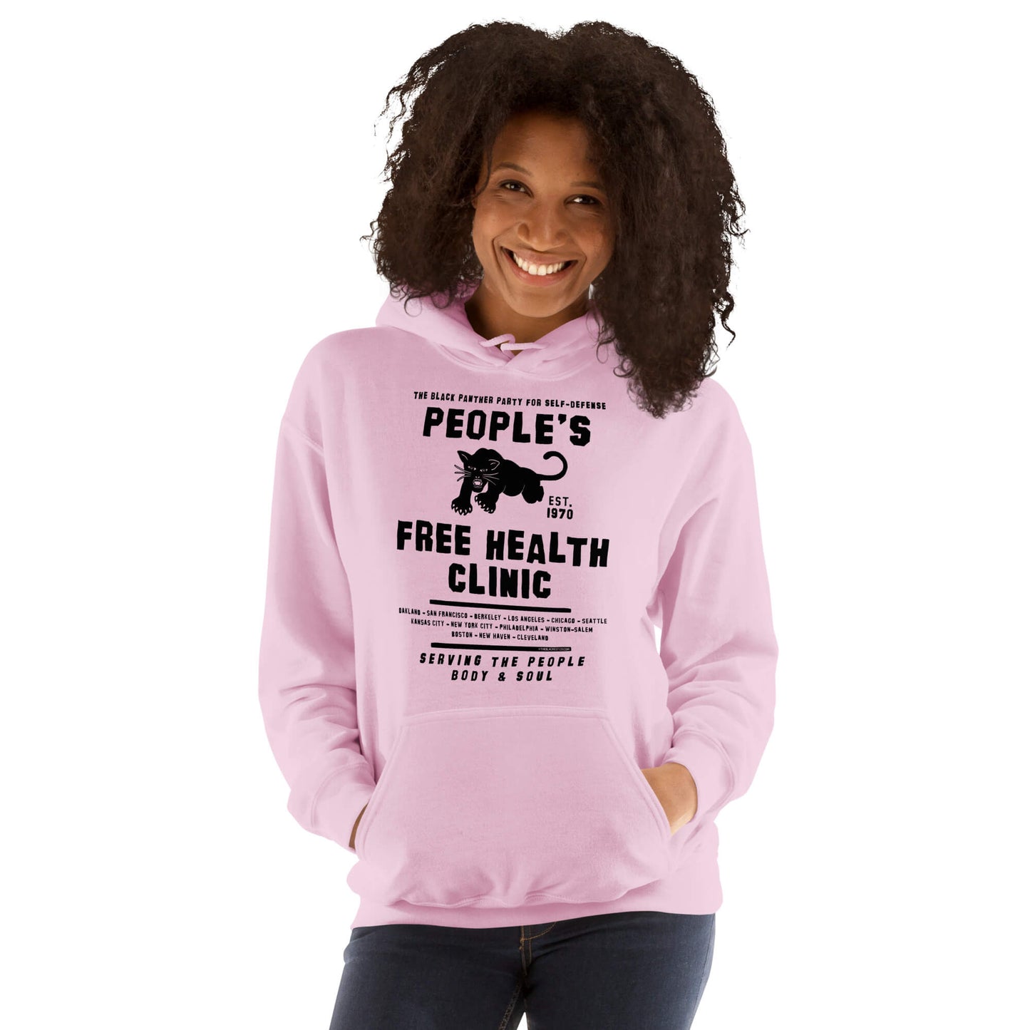 Pink People's Free Health Clinic BPP Unisex Pullover Hoodie featuring bold black text and a panther graphic, celebrating the Black Panther Party's legacy.