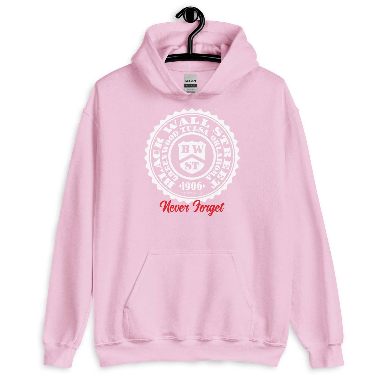 Pink Black Wall Street Seal Never Forget pullover hoodie with a white and red emblem. A stylish and comfortable hoodie for cooler days.