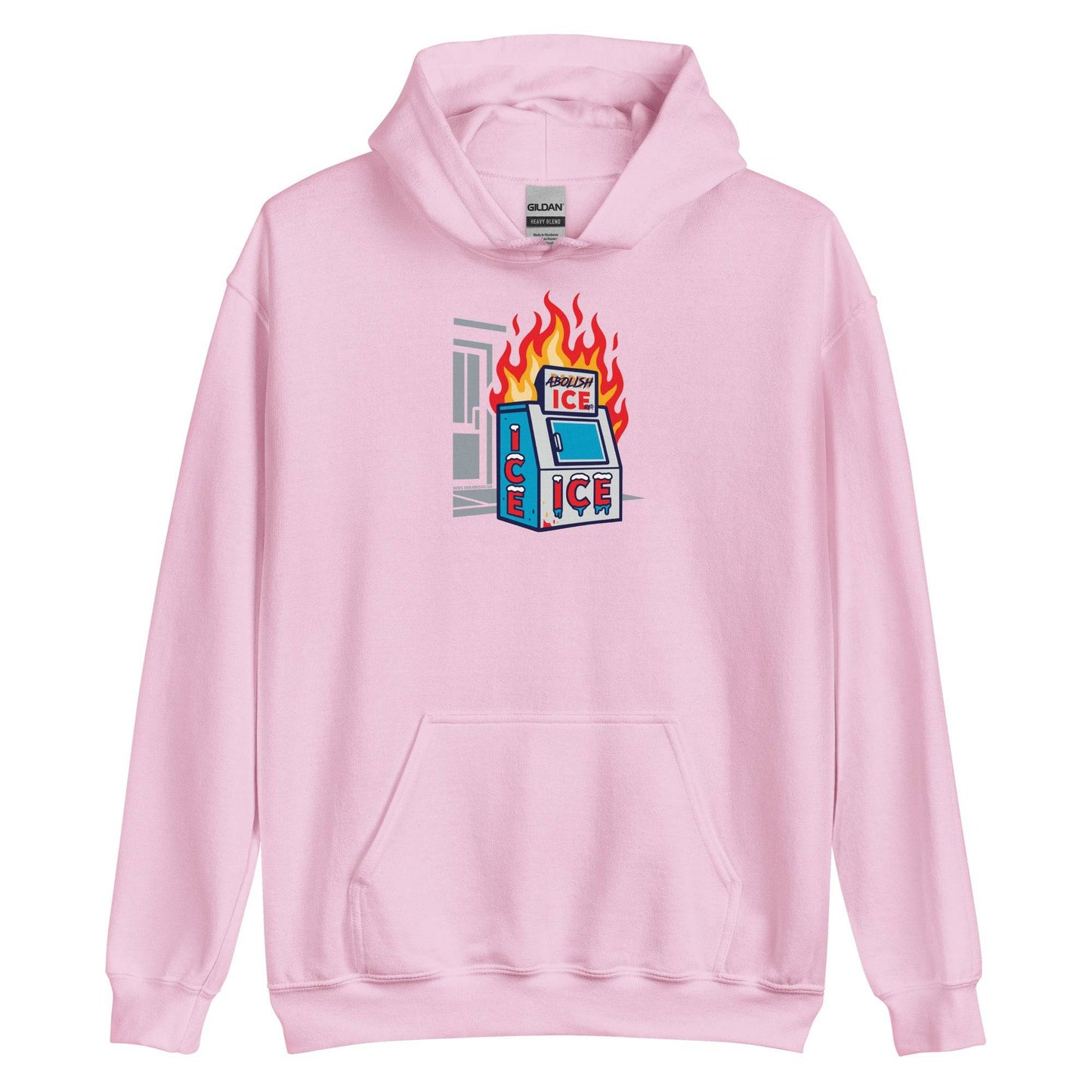 Pink Abolice ICE Unisex Hoodie with graphic of ICE machine in flames. Soft and bold pullover for political expression and comfort.