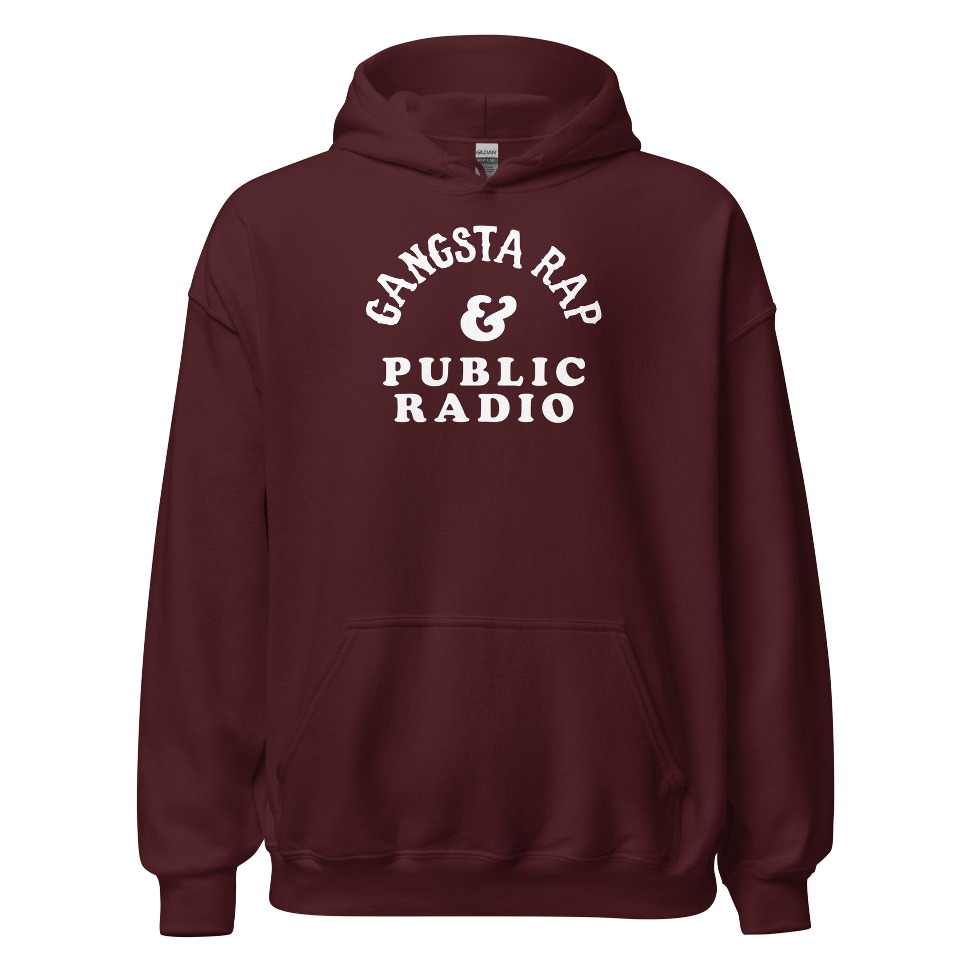 Maroon Gangsta Rap And Public Radio Unisex Staple Hoodie by TheBlackest Co., combining pop culture and comfort in a bold statement piece.