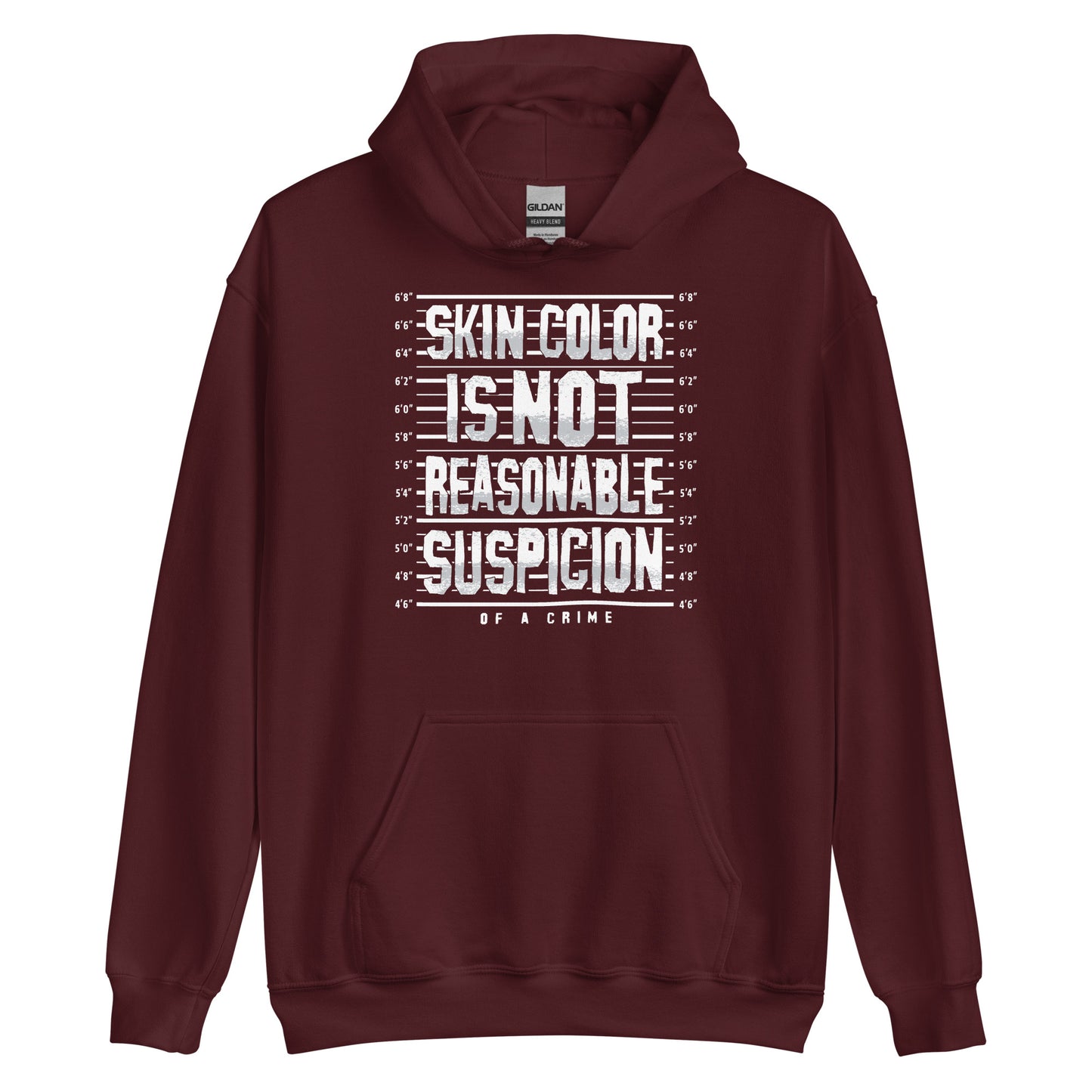 Maroon Skin Color Is Not A Crime Unisex Hoodie by TheBlackest Co., featuring bold activist message for racial justice in cozy pullover style.
