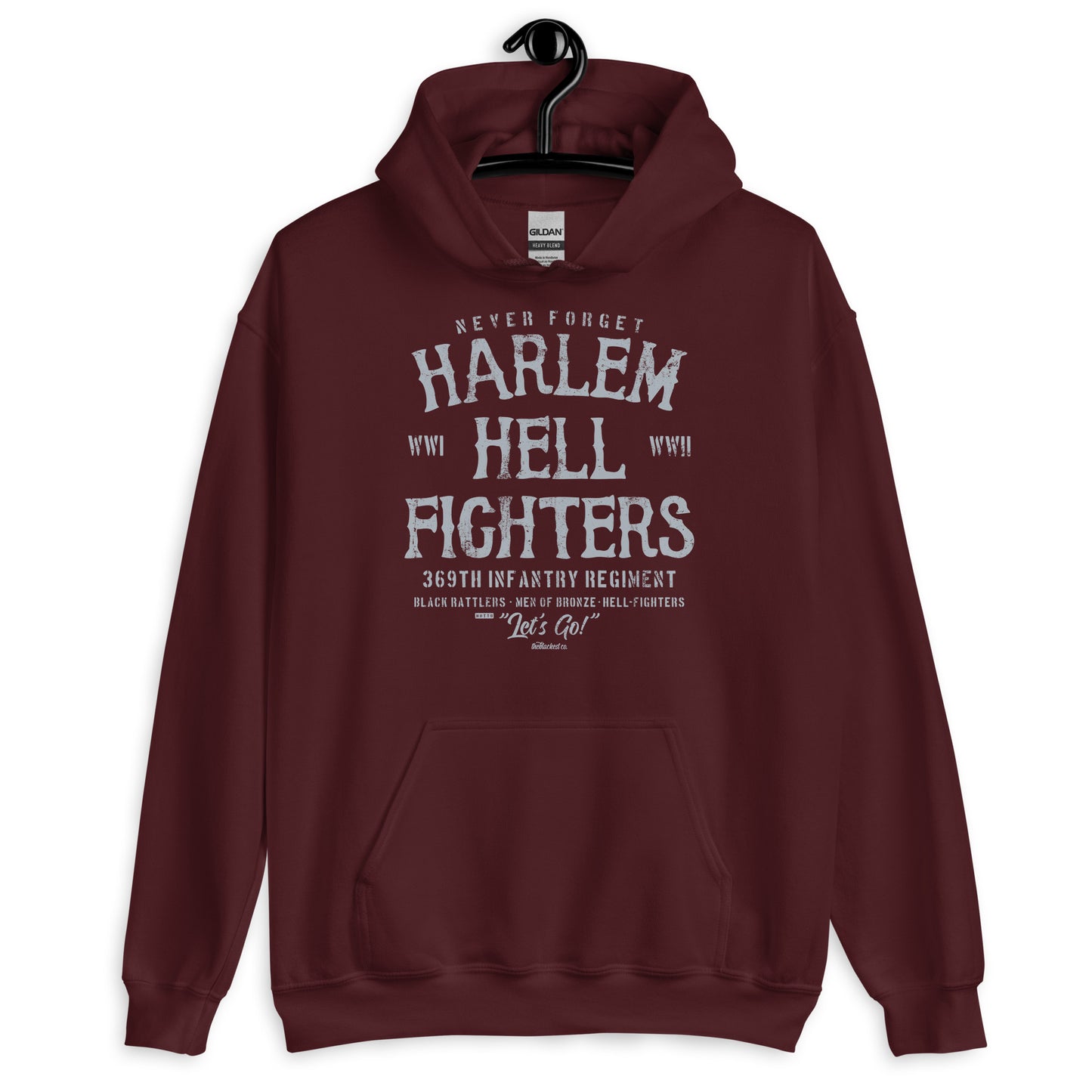 Maroon Harlem Hellfighter Black Soldiers Staple Unisex Hoodie with vintage-style graphic celebrating the 369th Infantry Regiment.