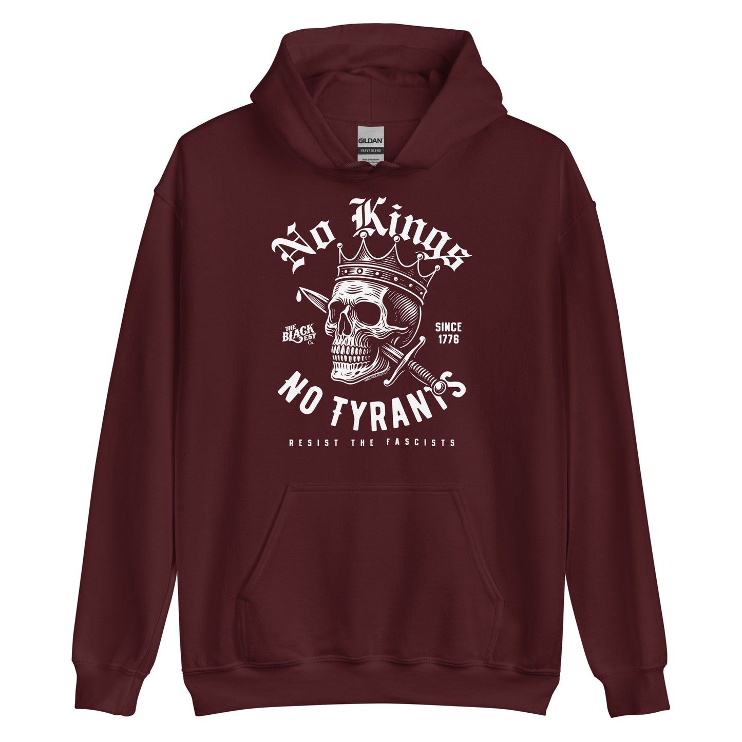 Maroon No Kings No Tyrants Skull Protest Hoodie by TheBlackest Co. with white skull and crown graphic, ideal for bold streetwear and protest fashion.