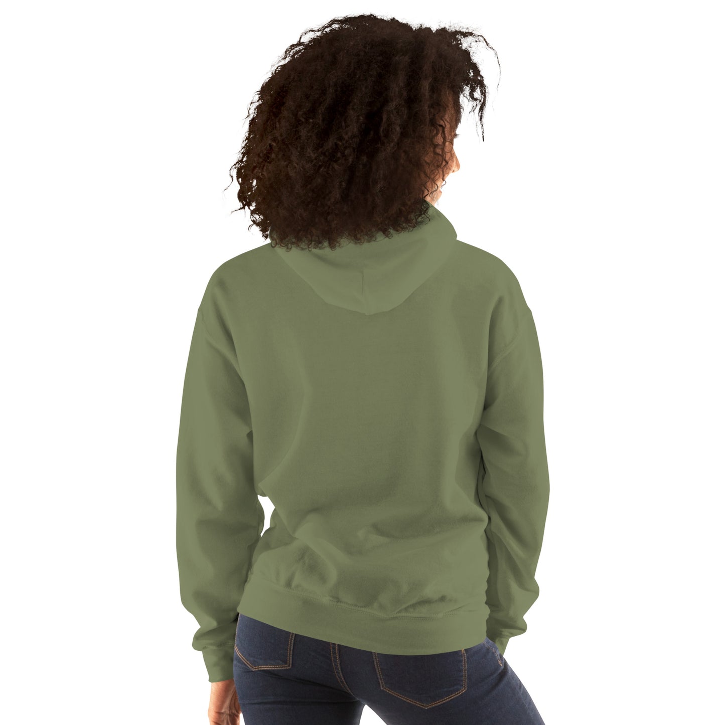 Back view of woman in green People's Free Food Program hoodie.