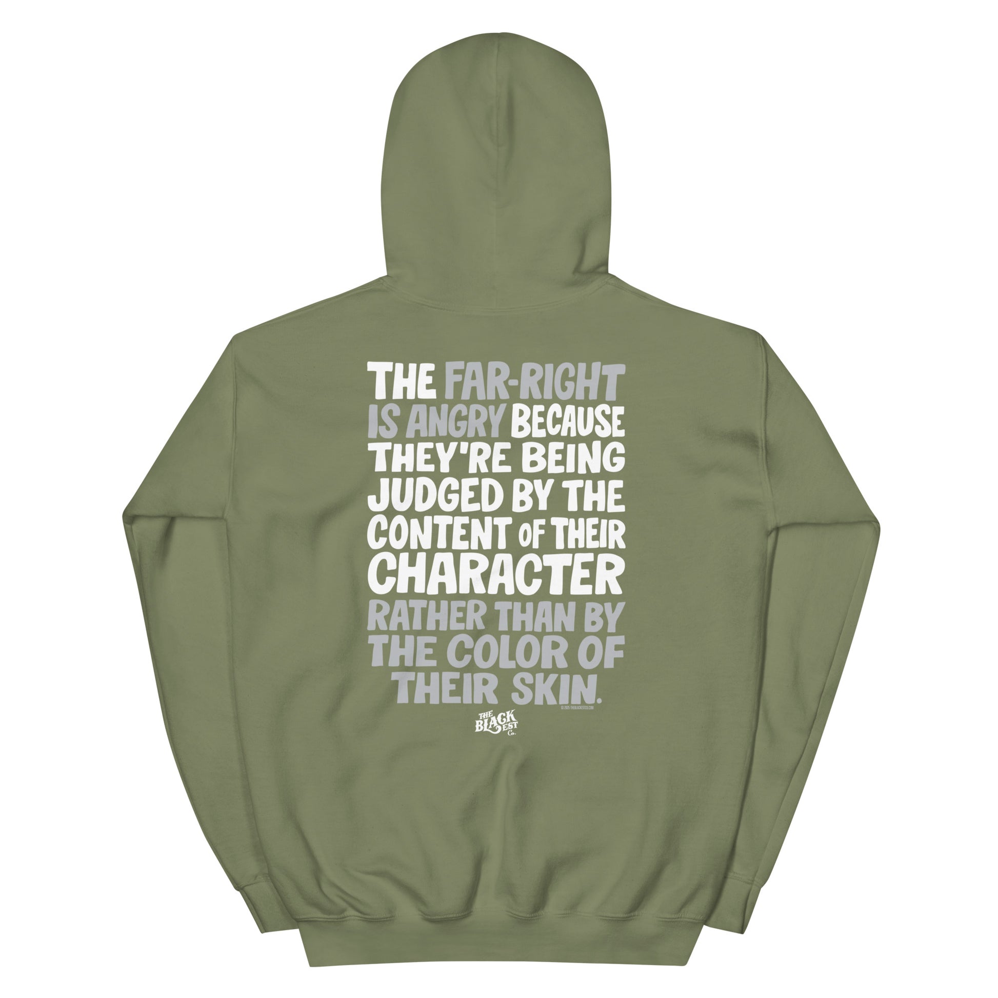 Sage green Why The Far Right Is Angry Hoodie by TheBlackest Co. with impactful back print, soft and durable unisex streetwear hoodie.
