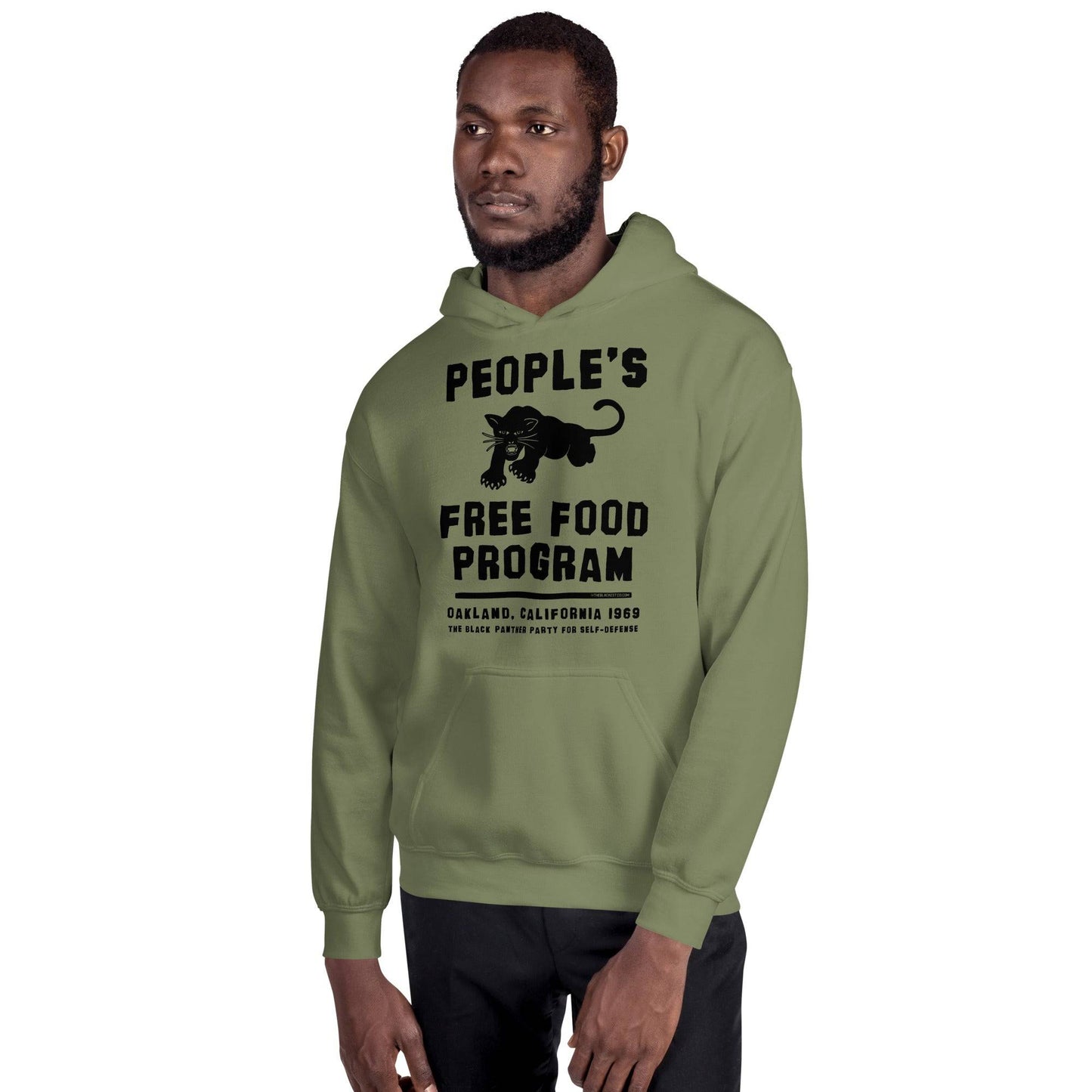 Model wearing green People's Free Food Program hoodie.