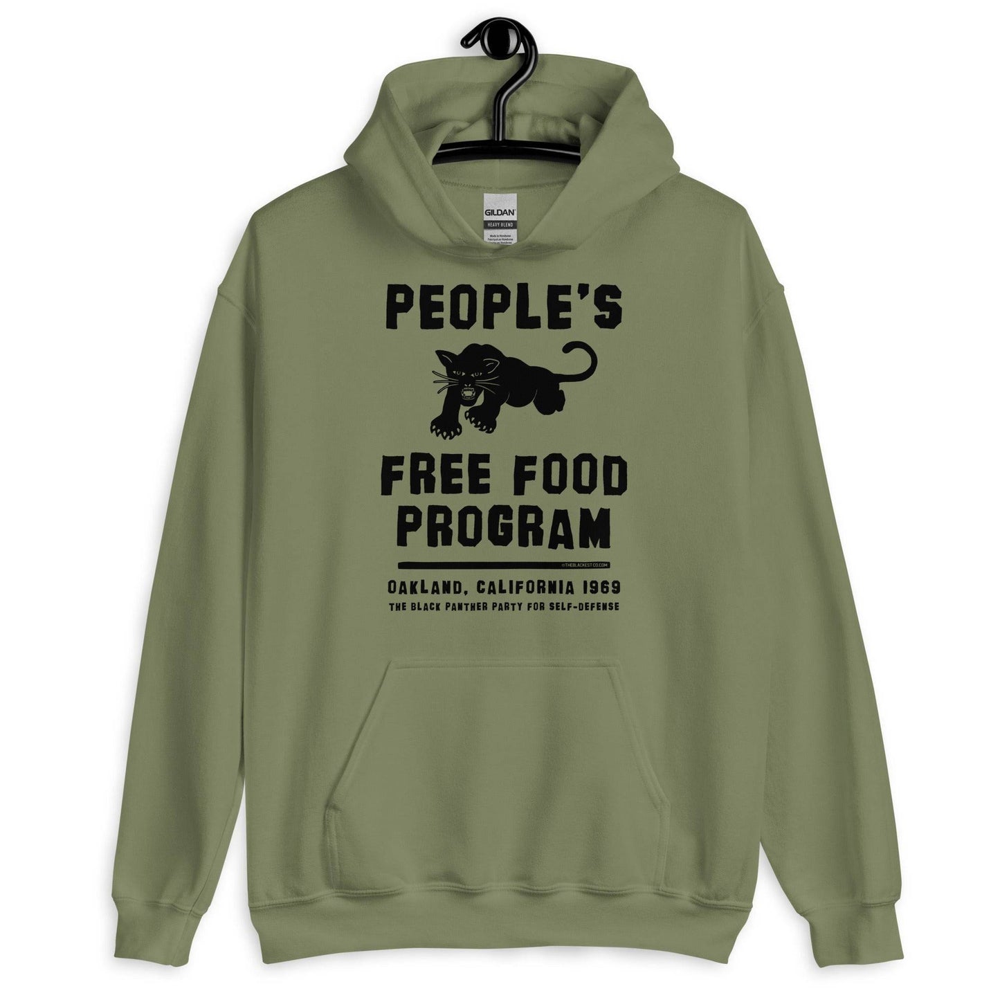 Green People's Free Food Program hoodie on hanger.