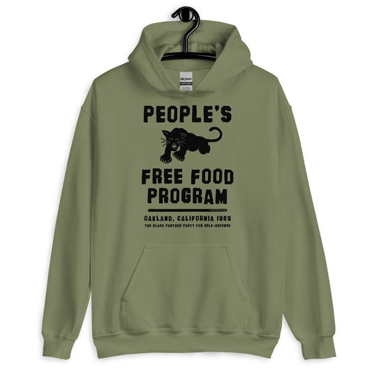 Green People's Free Food Program hoodie on hanger.