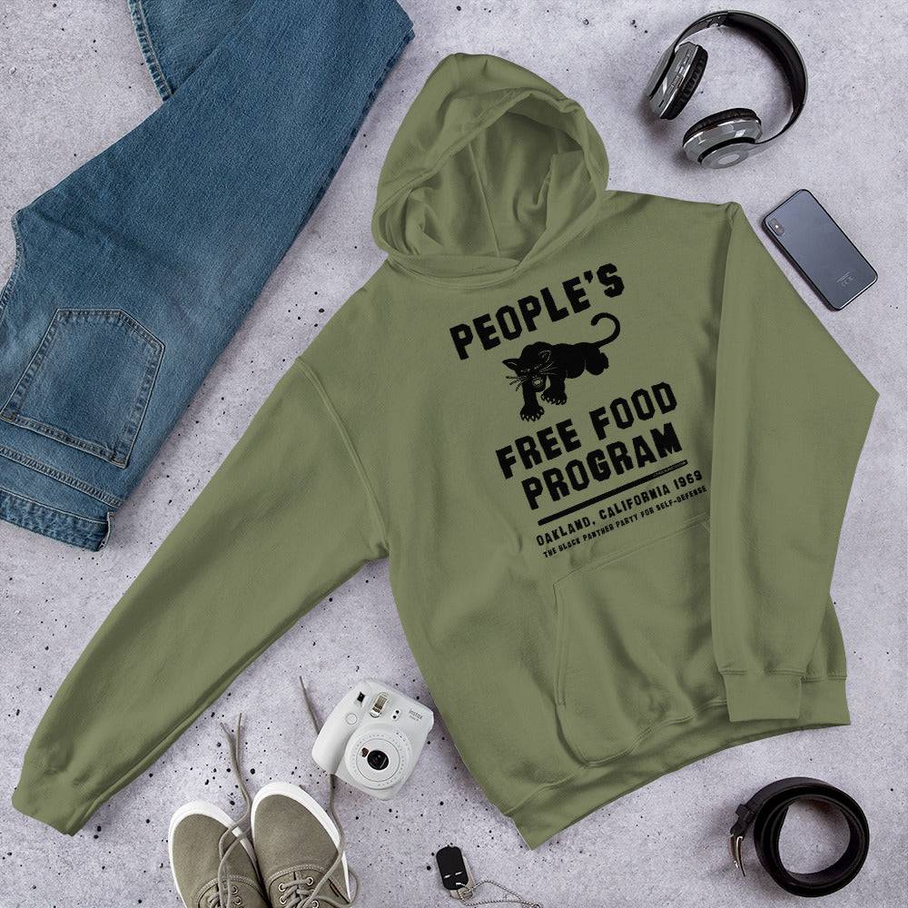 Flat lay of green People's Free Food Program hoodie with accessories.