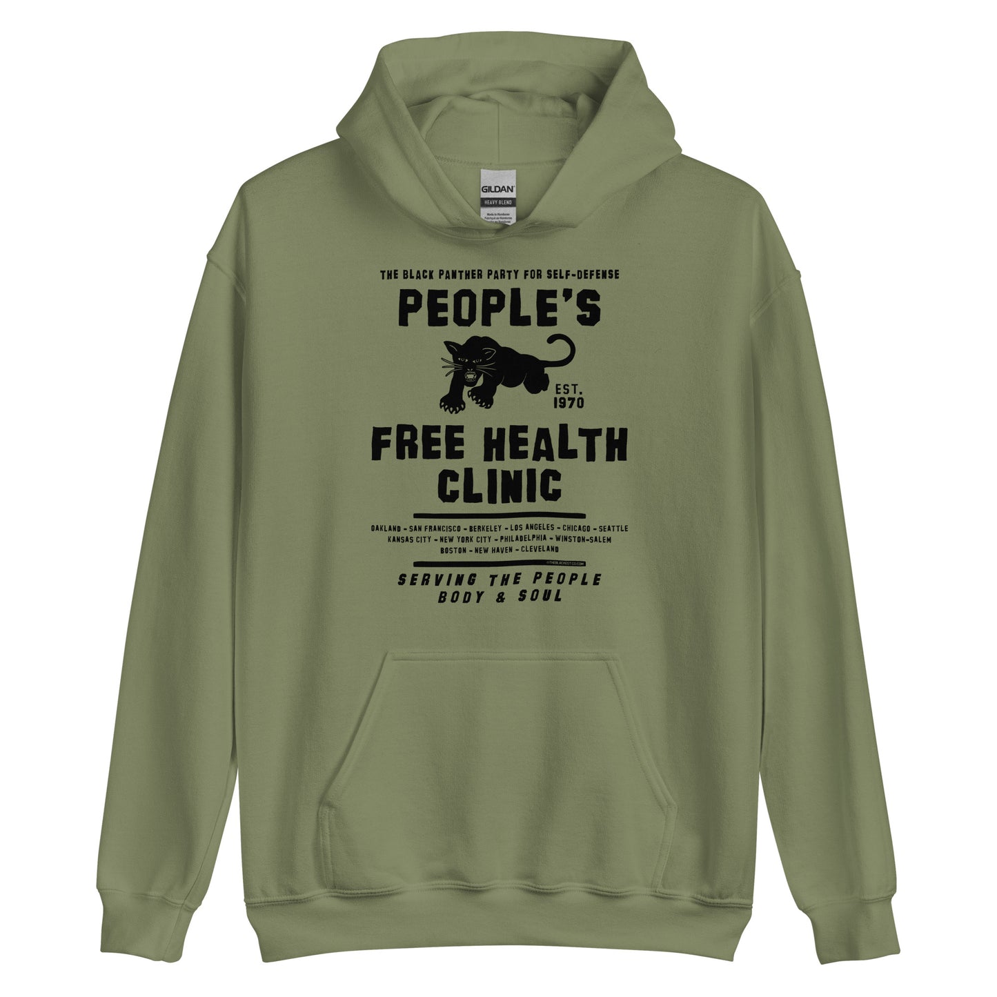 People's Free Health Clinic BPP unisex pullover hoodie in olive green featuring bold black text and a panther graphic. Celebrates the Black Panther Party’s legacy.