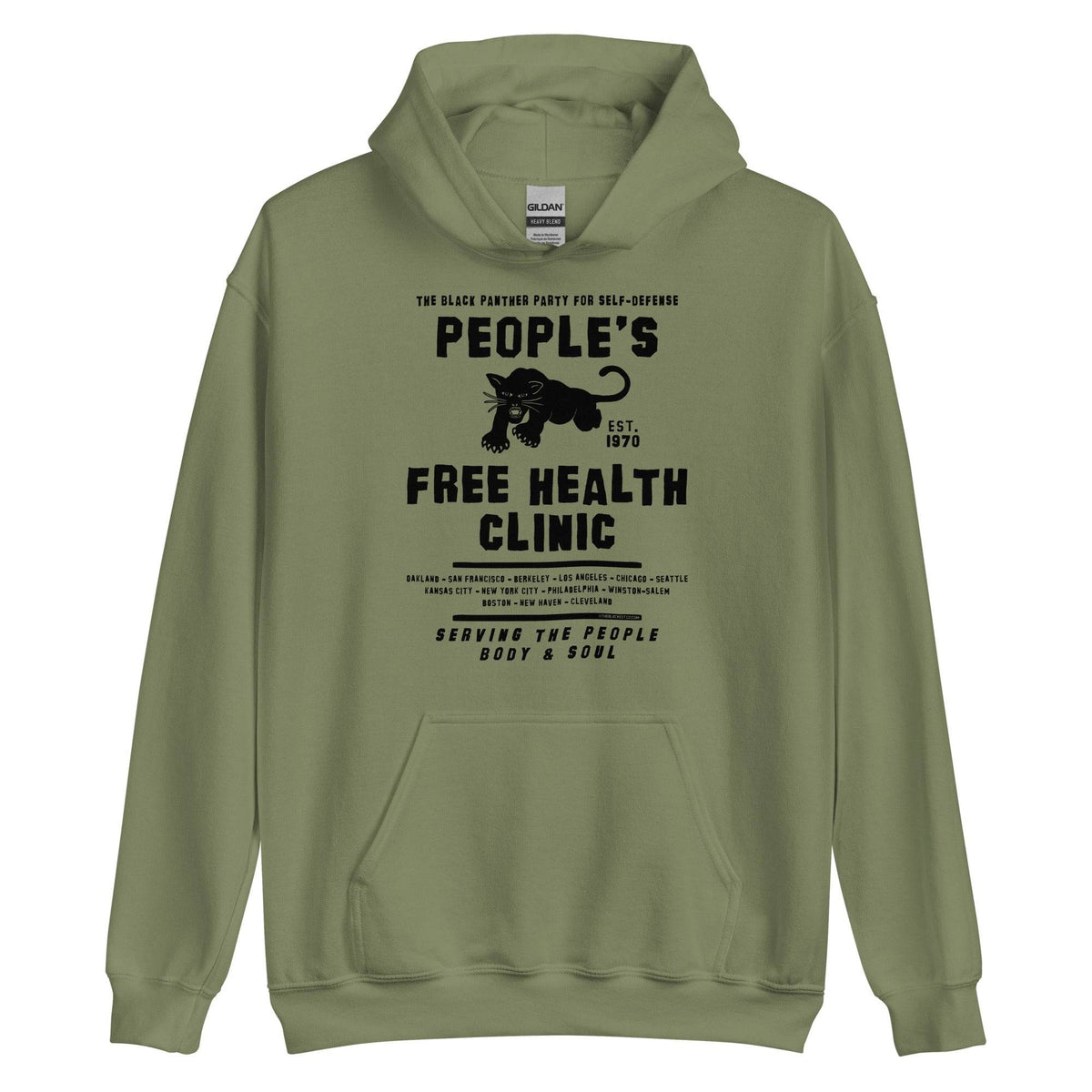 People's Free Health Clinic BPP unisex pullover hoodie in olive green featuring bold black text and a panther graphic. Celebrates the Black Panther Party’s legacy.