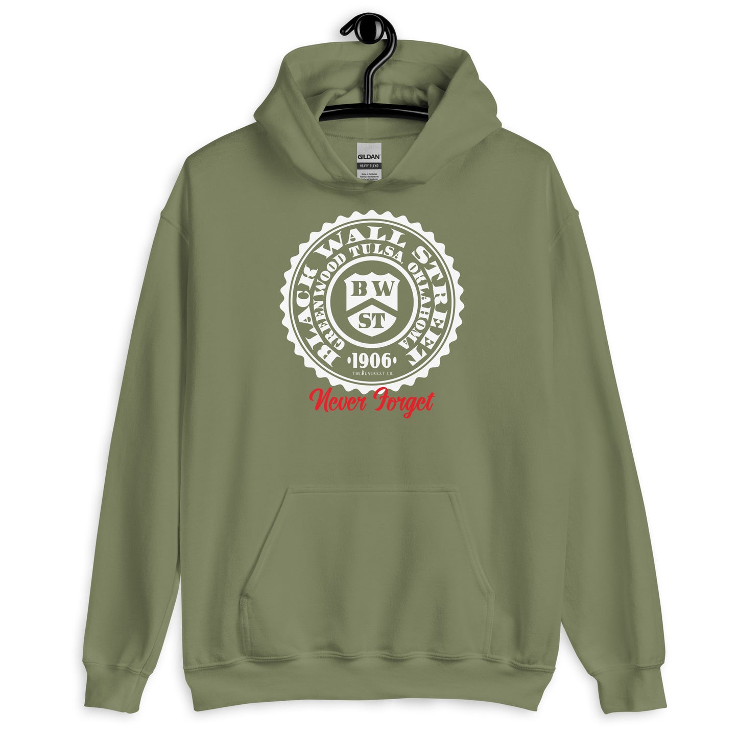 Olive green Black Wall Street Seal Never Forget pullover hoodie with a bold design. A meaningful and stylish addition to any wardrobe.