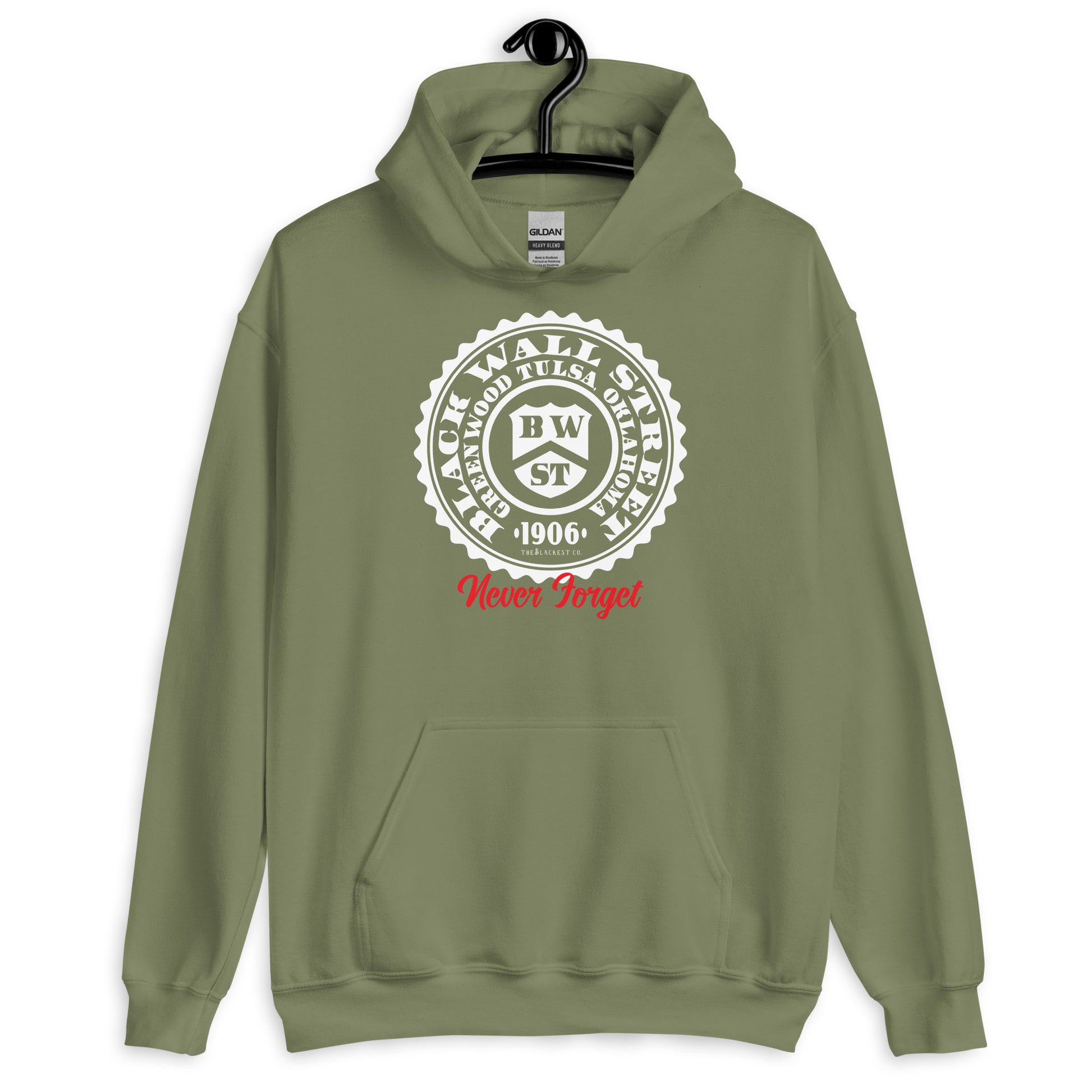 Olive green Black Wall Street Seal Never Forget pullover hoodie with a bold design. A meaningful and stylish addition to any wardrobe.