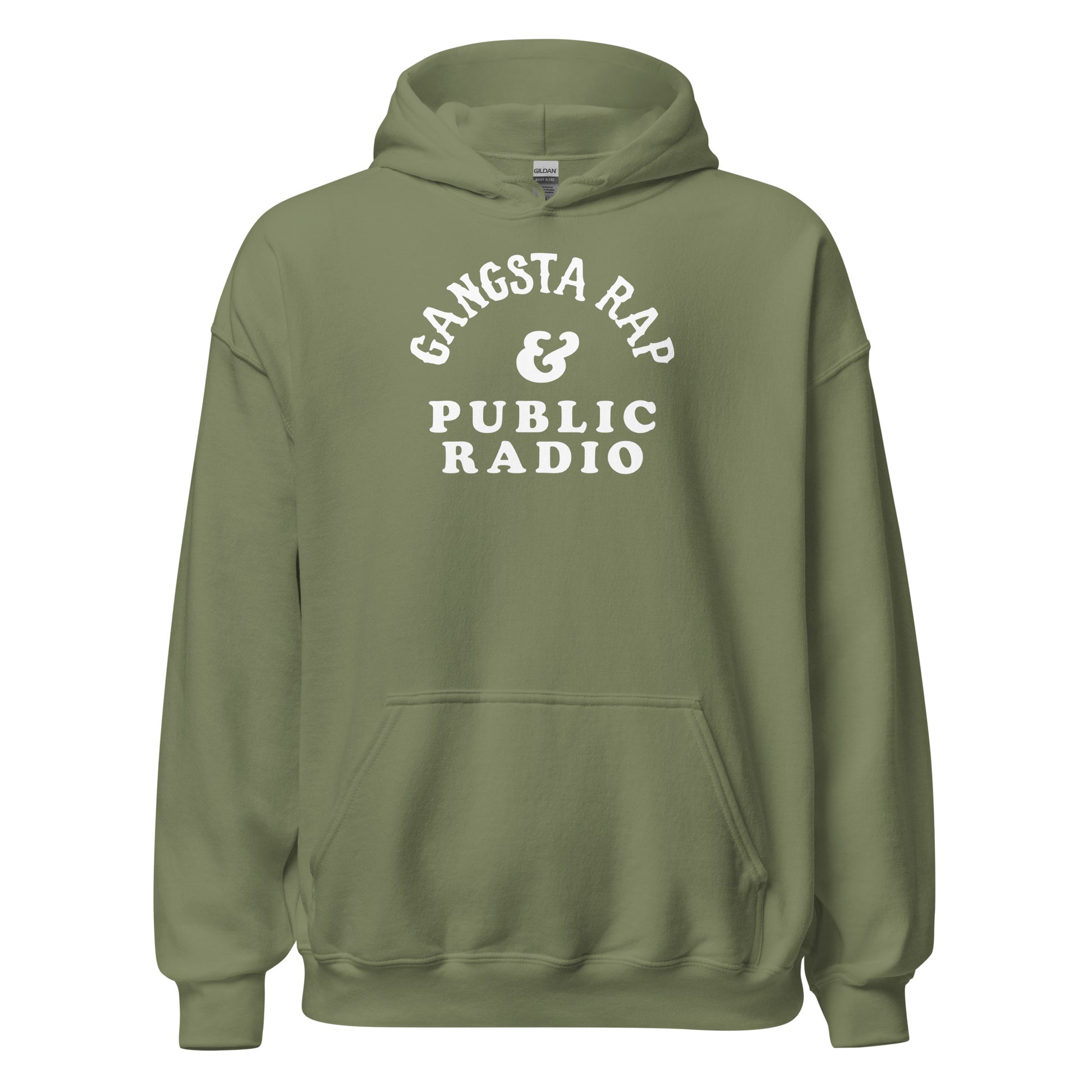 Sage green Gangsta Rap And Public Radio Unisex Staple Hoodie with white print, relaxed fit and cultural statement for everyday wear.