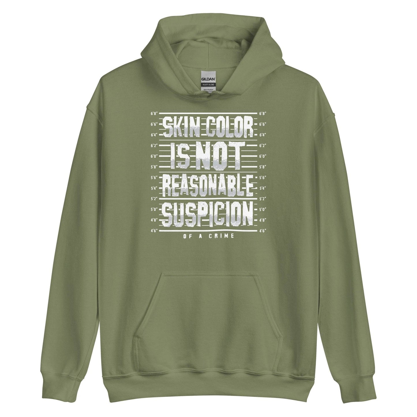 Sage green Skin Color Is Not A Crime Unisex Hoodie by TheBlackest Co., cozy activist apparel with bold white text for racial equality support.
