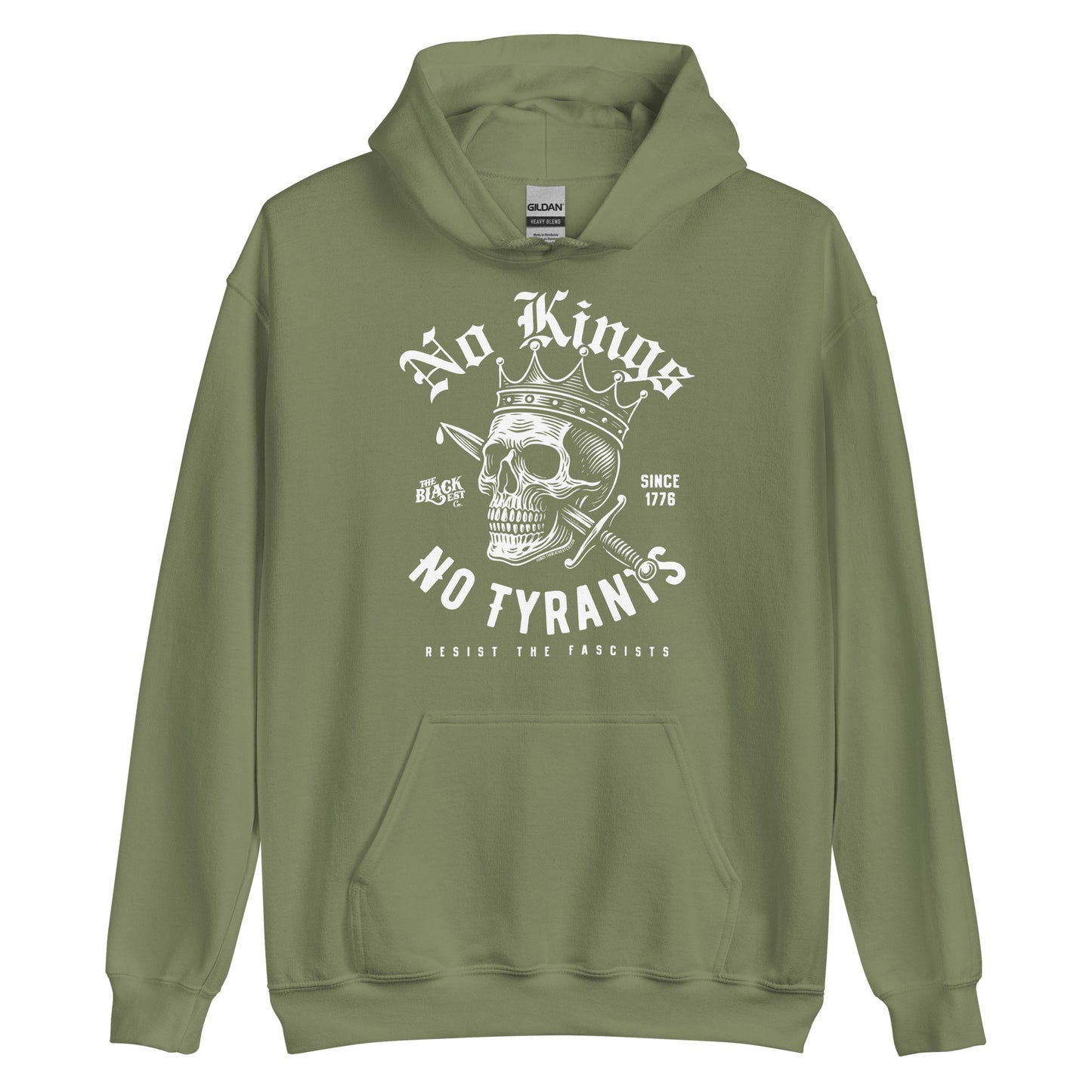 Sage green No Kings No Tyrants Skull Protest Hoodie by TheBlackest Co., unisex pullover with white skull crown graphic and resistance theme.