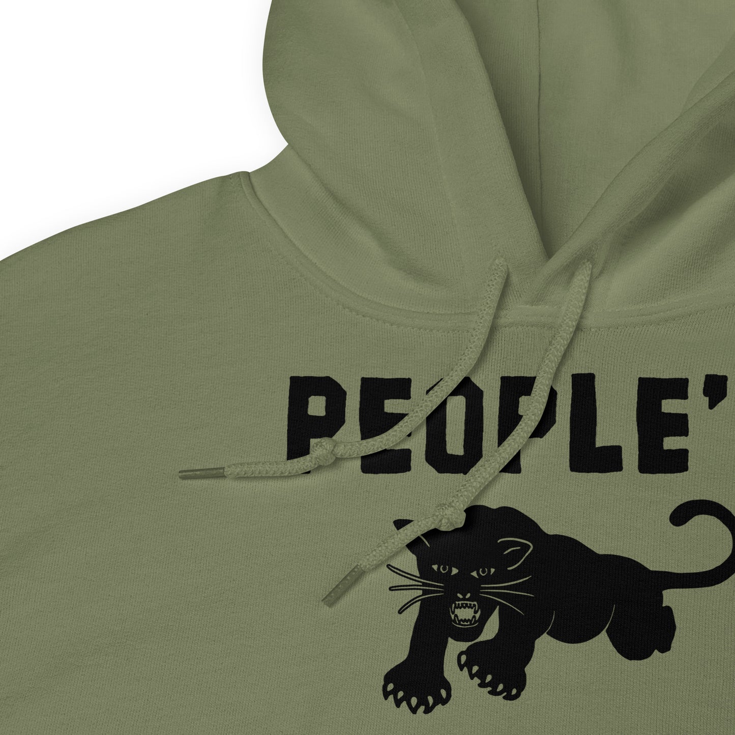 Close-up of green People's Free Food Program hoodie design.