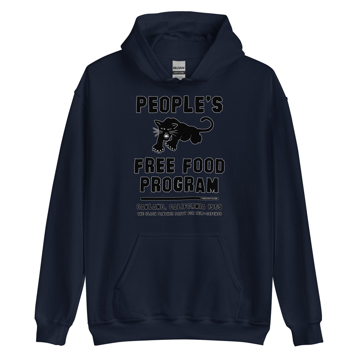 Navy version of Black On Black BPP Free Food Program Staple Hoodie with iconic panther and Oakland 1969 text, honoring Black Panther legacy.