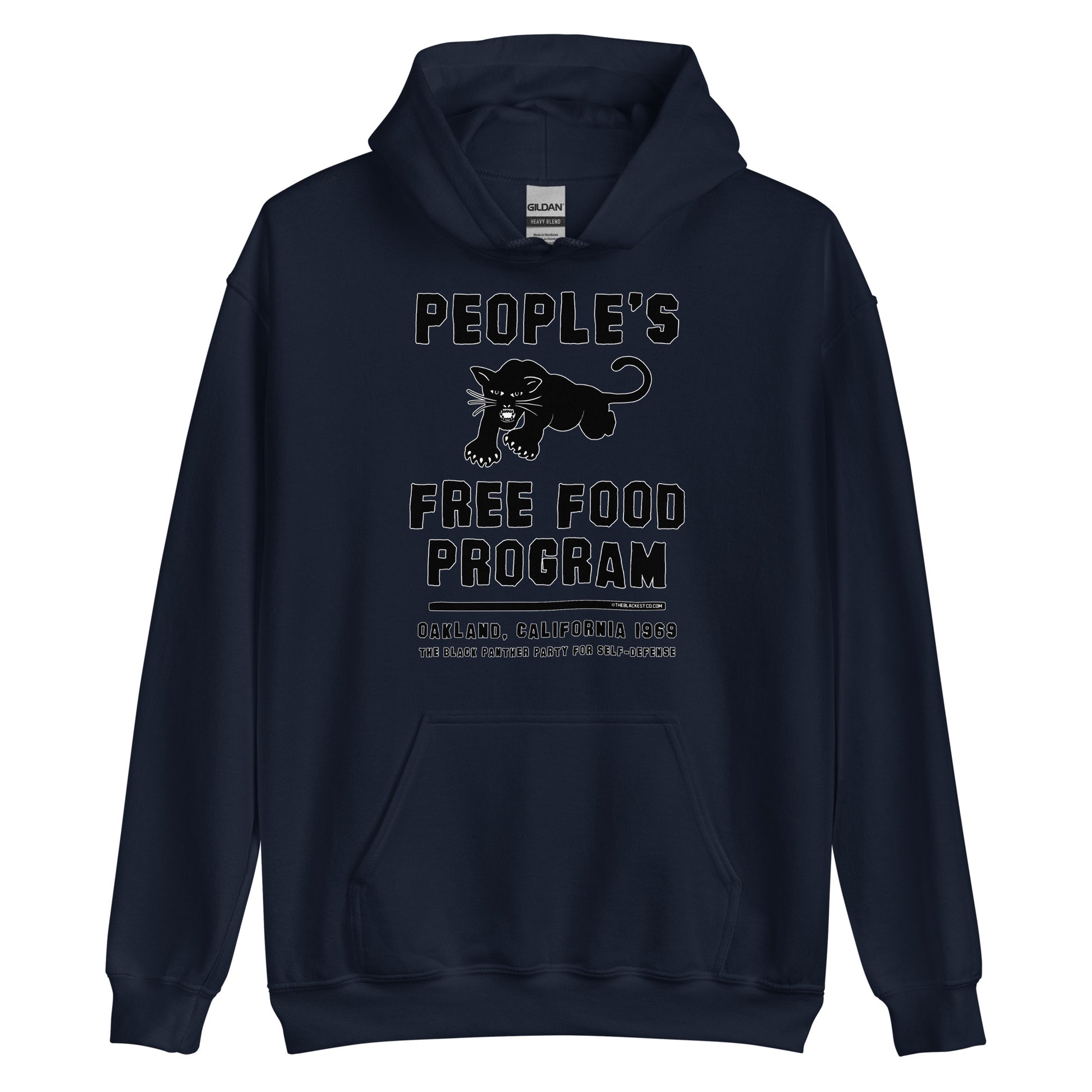 Navy version of Black On Black BPP Free Food Program Staple Hoodie with iconic panther and Oakland 1969 text, honoring Black Panther legacy.