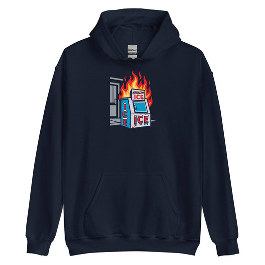 Navy Abolice ICE Unisex Pullover Hoodie featuring a flaming ICE machine graphic. Soft activist hoodie for bold streetwear statements.