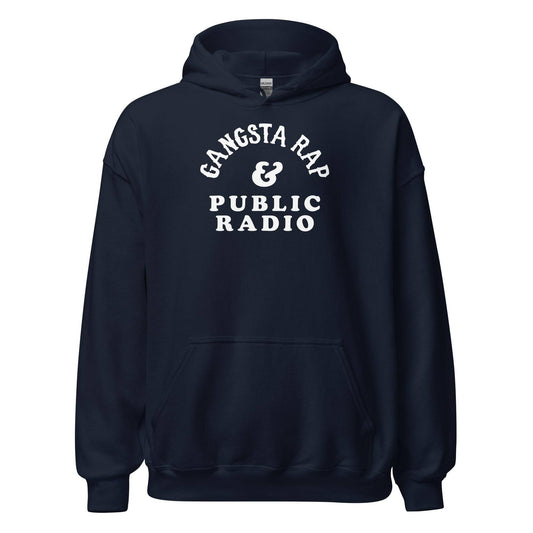 Navy Gangsta Rap And Public Radio Unisex Staple Hoodie with bold white text, cozy cotton blend and front pouch pocket from TheBlackest Co.
