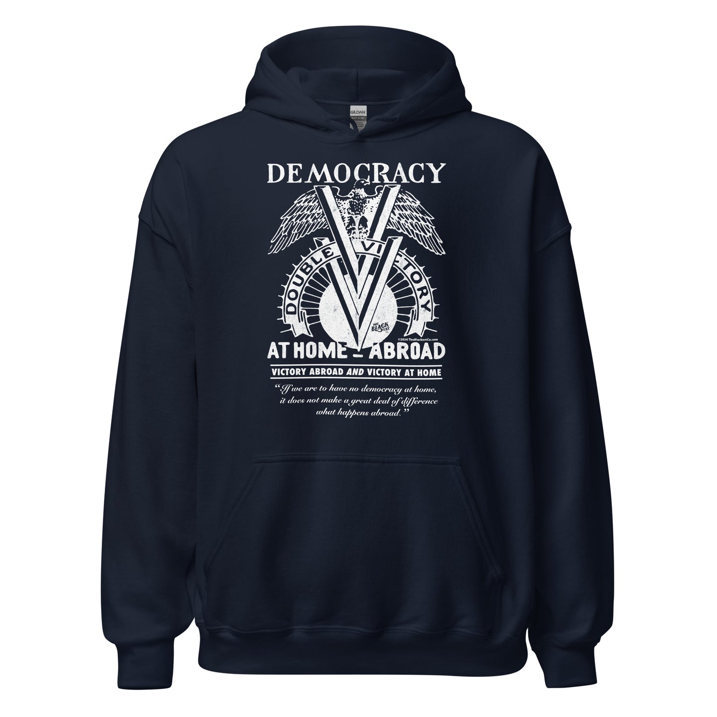 Navy blue Double V Campaign WWII Black Soldiers Hoodie with bold white print symbolizing Black soldiers' dual fight for freedom.