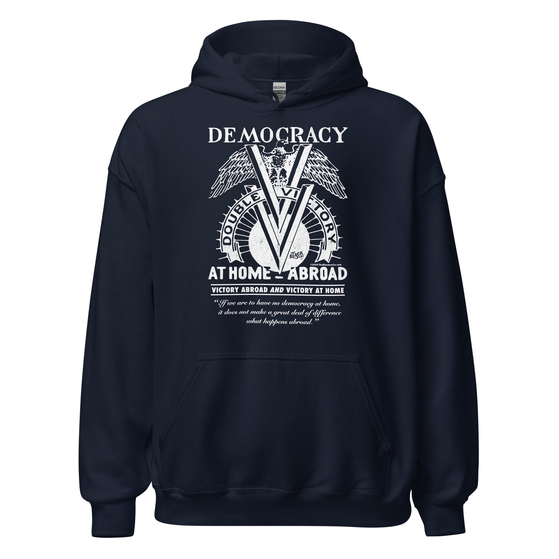 Navy blue Double V Campaign WWII Black Soldiers Hoodie with bold white print symbolizing Black soldiers' dual fight for freedom.