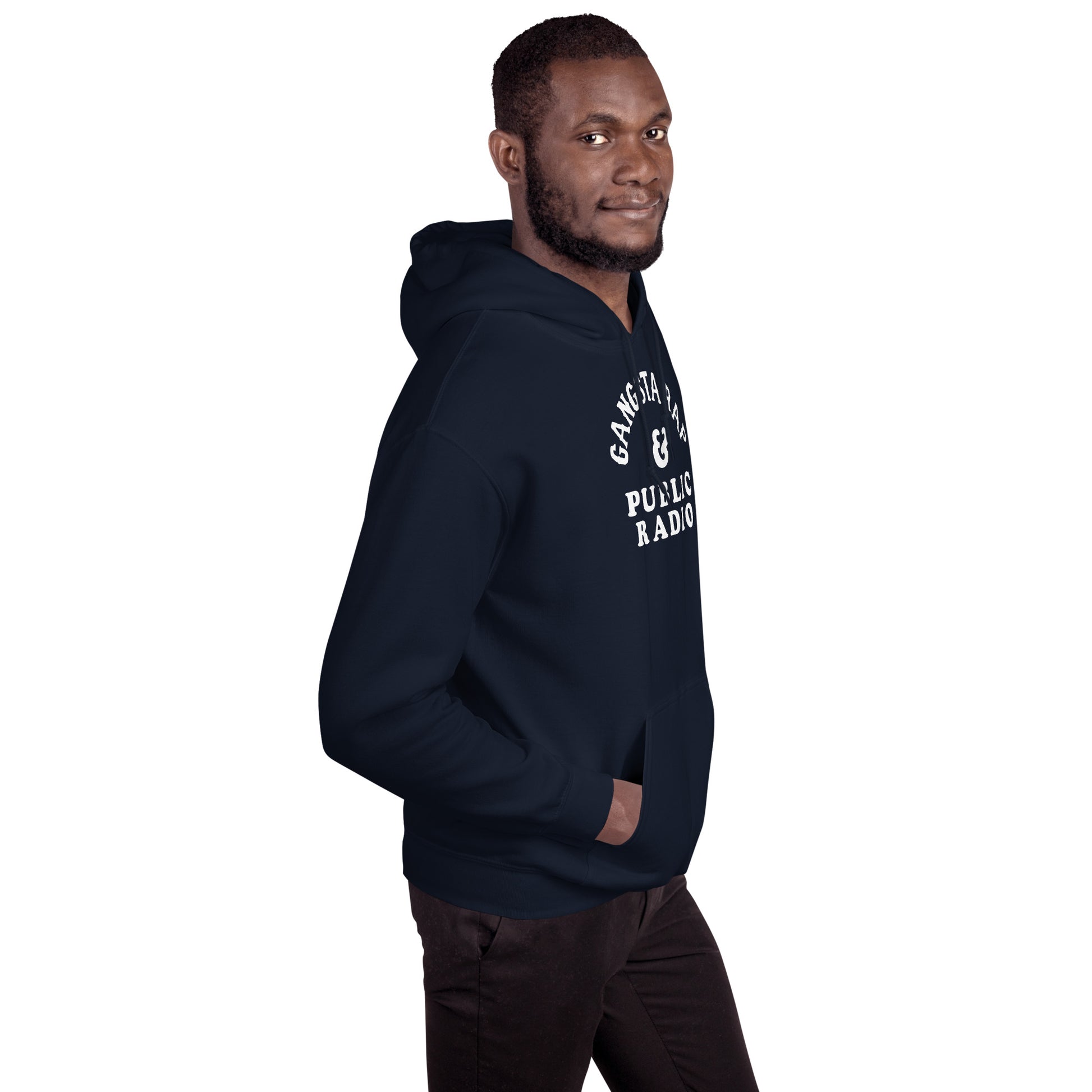 Side view of model in navy Gangsta Rap And Public Radio Unisex Staple Hoodie, featuring adjustable hood and casual streetwear style.