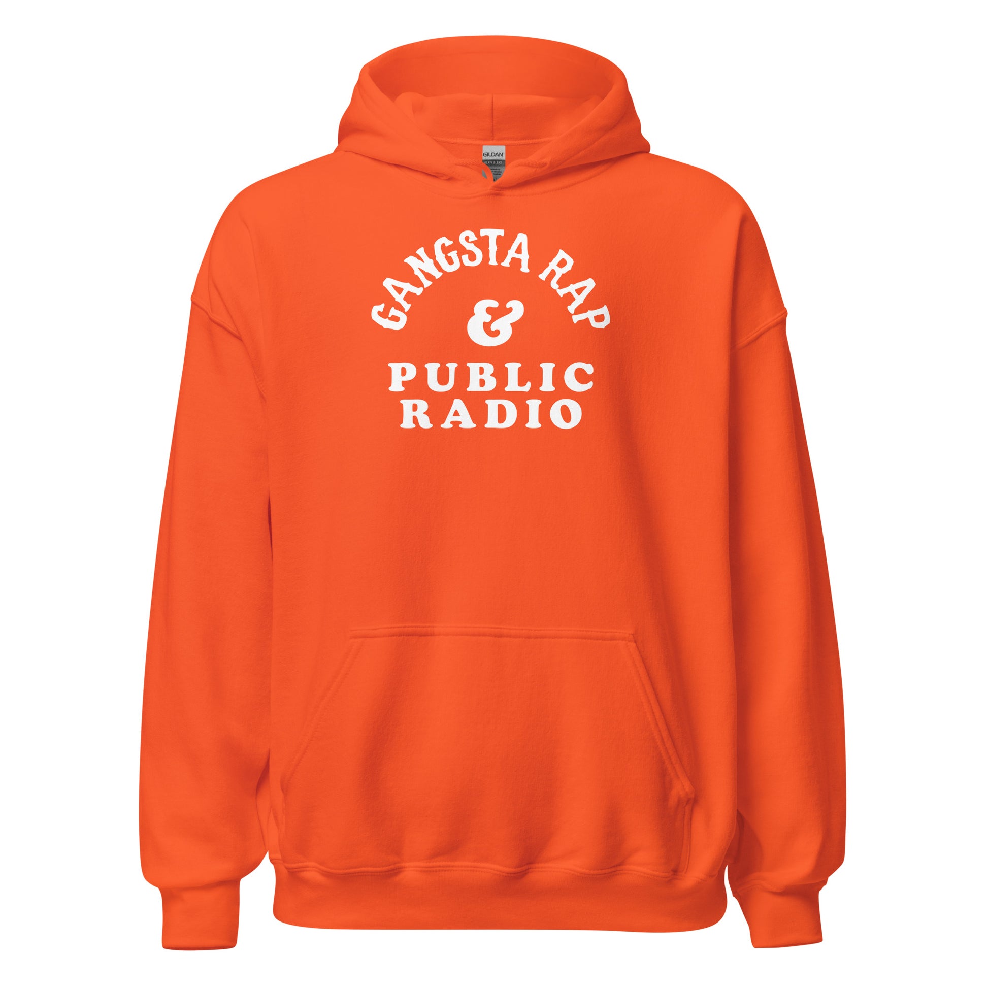 Orange Gangsta Rap And Public Radio Unisex Staple Hoodie with bold white text, eye-catching streetwear from TheBlackest Co.
