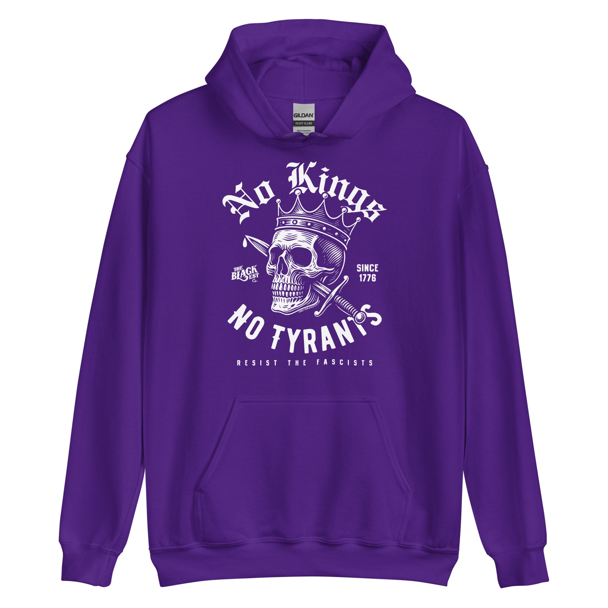 Purple No Kings No Tyrants Skull Protest Hoodie by TheBlackest Co., showcasing bold white skull graphic and resistance slogan for unisex streetwear.