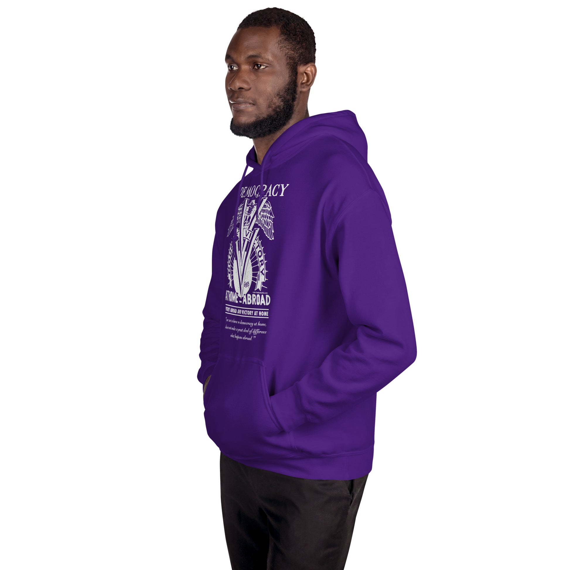 Side view of man wearing purple Double V Campaign WWII Black Soldiers Hoodie, featuring classic fit and powerful historical message.