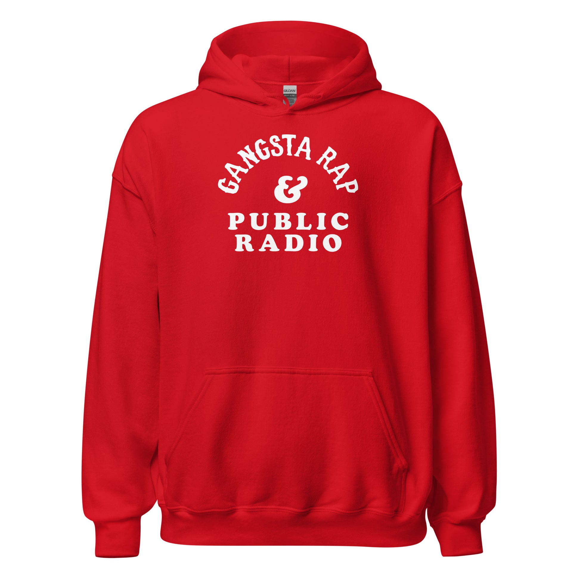 Bright red Gangsta Rap And Public Radio Unisex Staple Hoodie with white lettering, warm and stylish for music lovers and trendsetters.