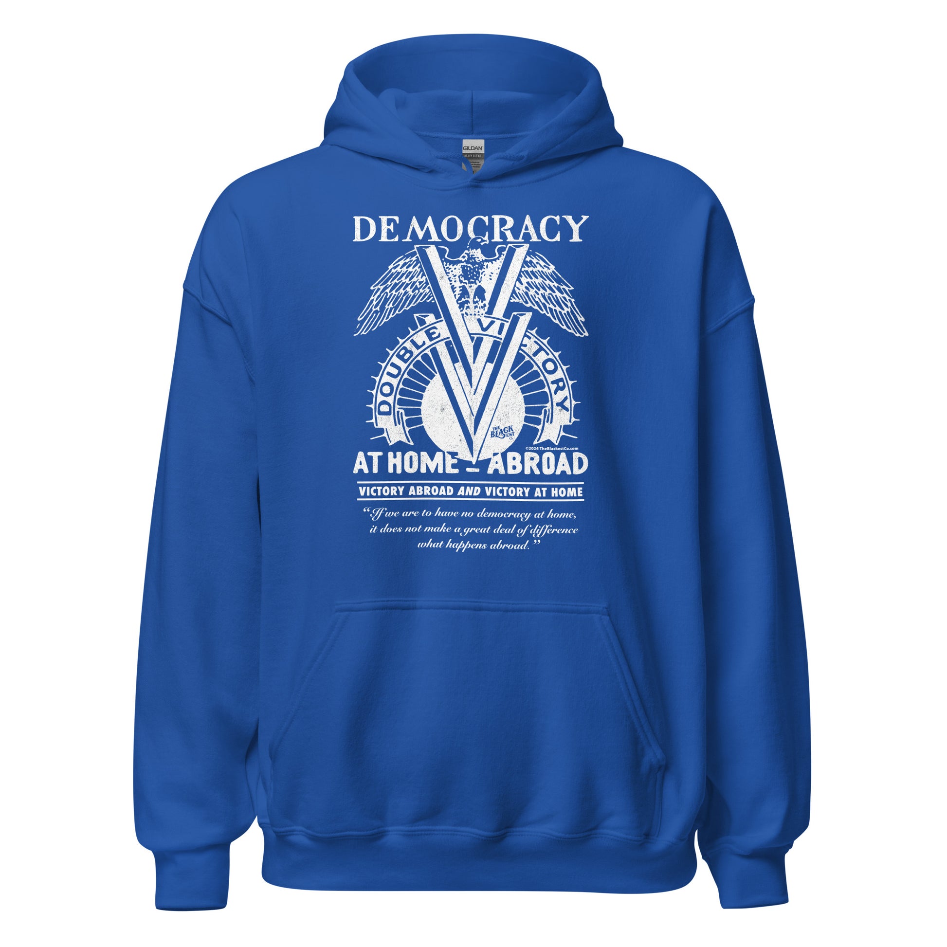 Royal blue Double V Campaign WWII Black Soldiers Hoodie with patriotic graphic celebrating Black veterans' WWII legacy.