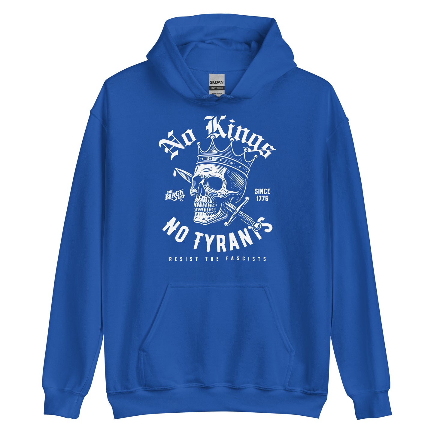 Royal blue No Kings No Tyrants Skull Protest Hoodie by TheBlackest Co., with striking white skull graphic and anti-fascist message for bold apparel.