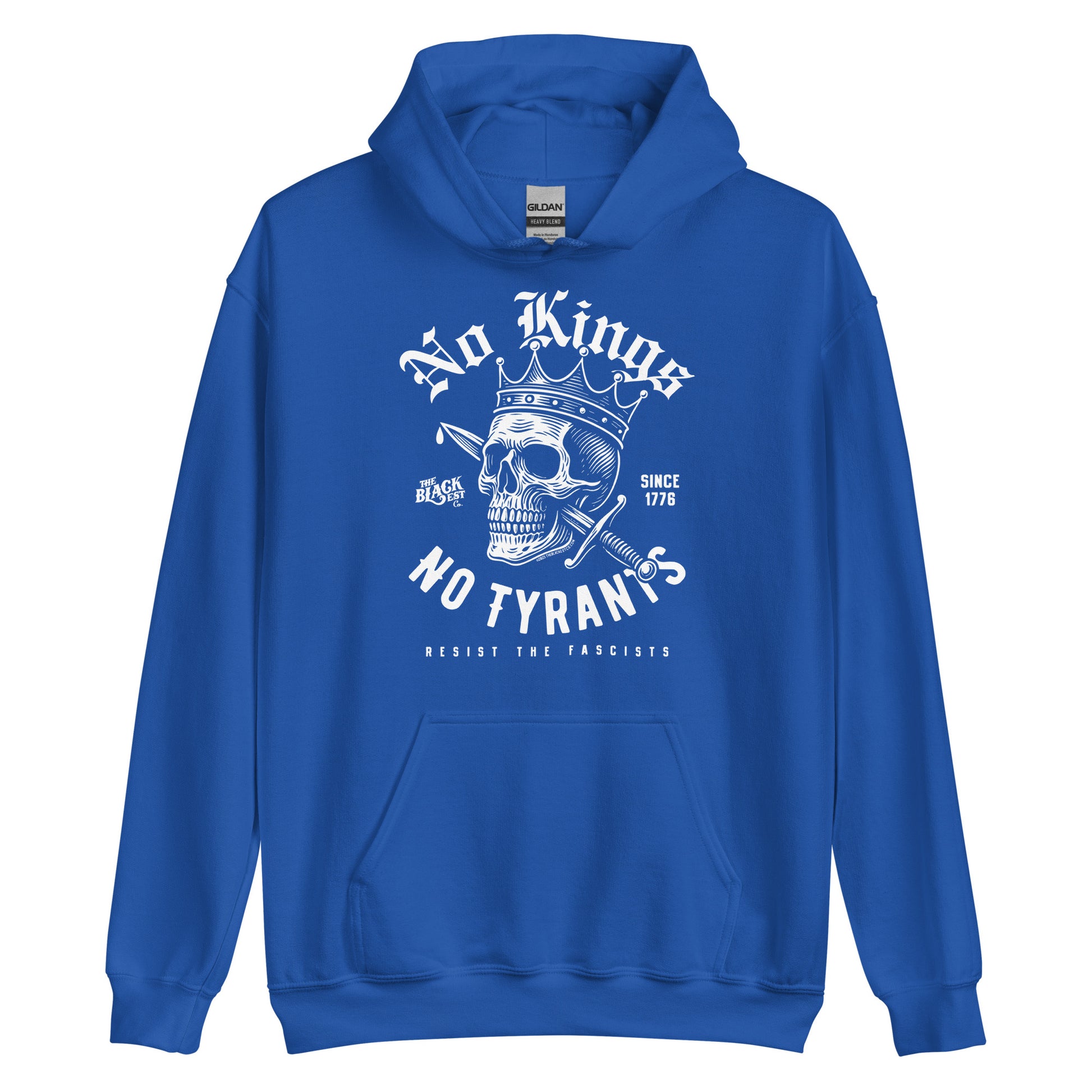 Royal blue No Kings No Tyrants Skull Protest Hoodie by TheBlackest Co., with striking white skull graphic and anti-fascist message for bold apparel.