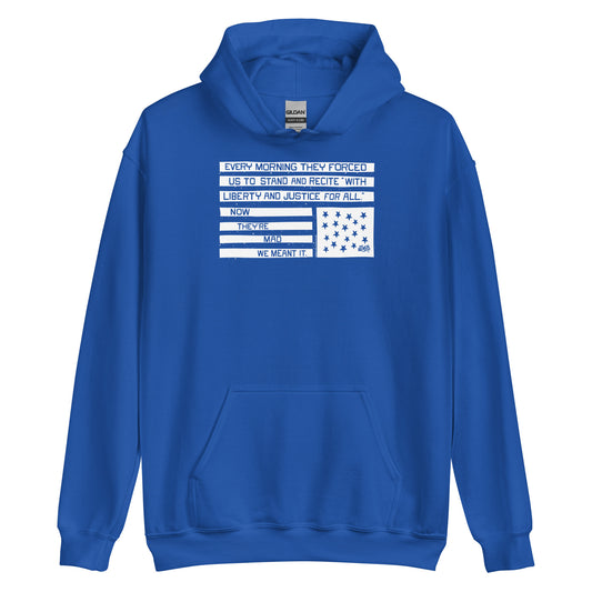 Blue hoodie with black and white flag design, Now They're Mad We Meant It