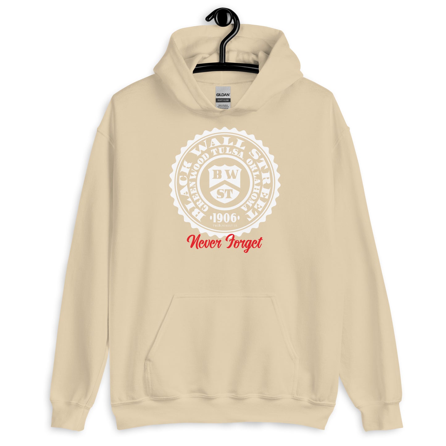 Beige Black Wall Street Seal Never Forget pullover hoodie with a historical design. A soft and cozy hoodie, perfect for casual wear.