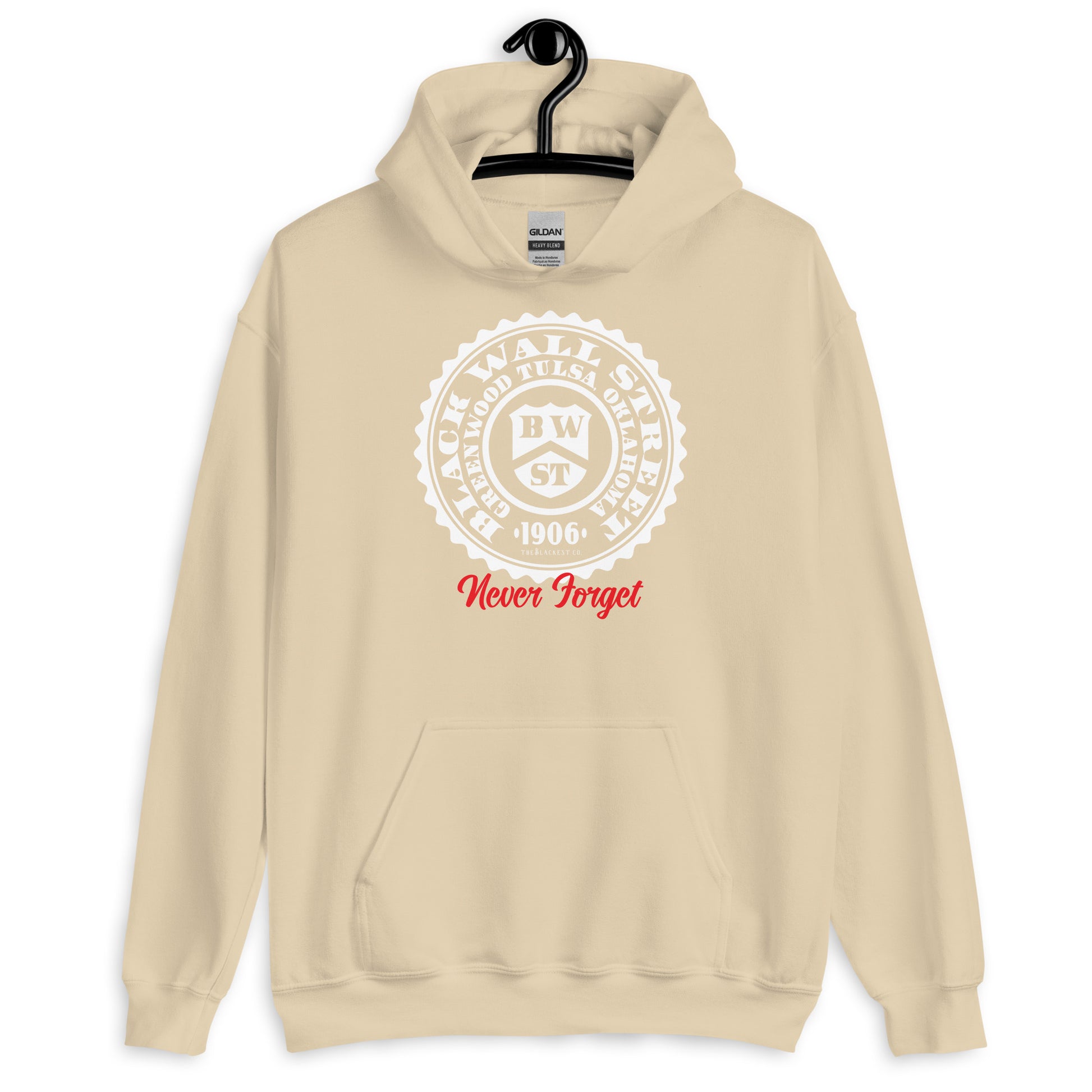 Beige Black Wall Street Seal Never Forget pullover hoodie with a historical design. A soft and cozy hoodie, perfect for casual wear.