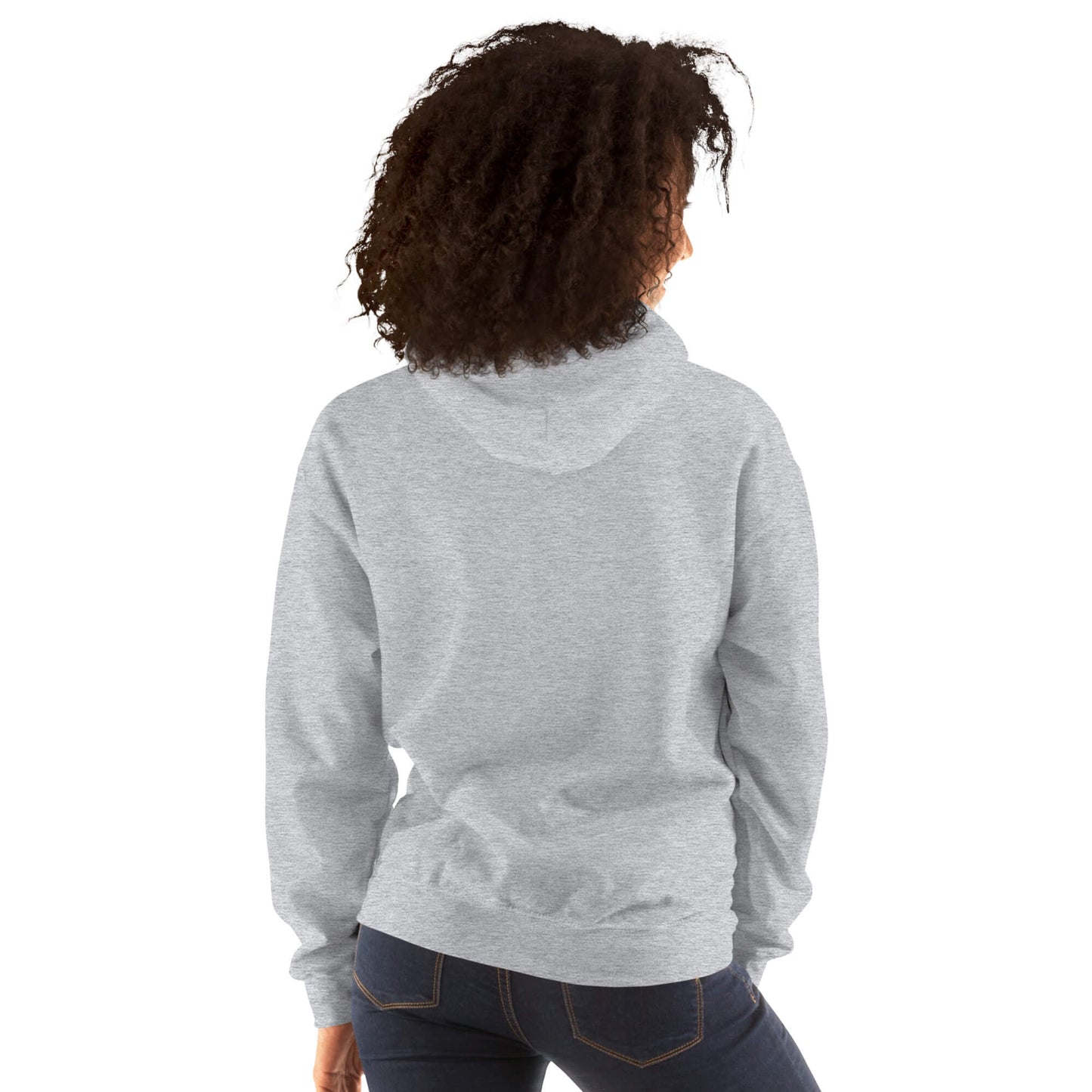 Back view of the People's Free Health Clinic BPP Unisex Pullover Hoodie in light gray, showcasing a relaxed fit and cozy hood. Ideal for cool weather and casual wear.